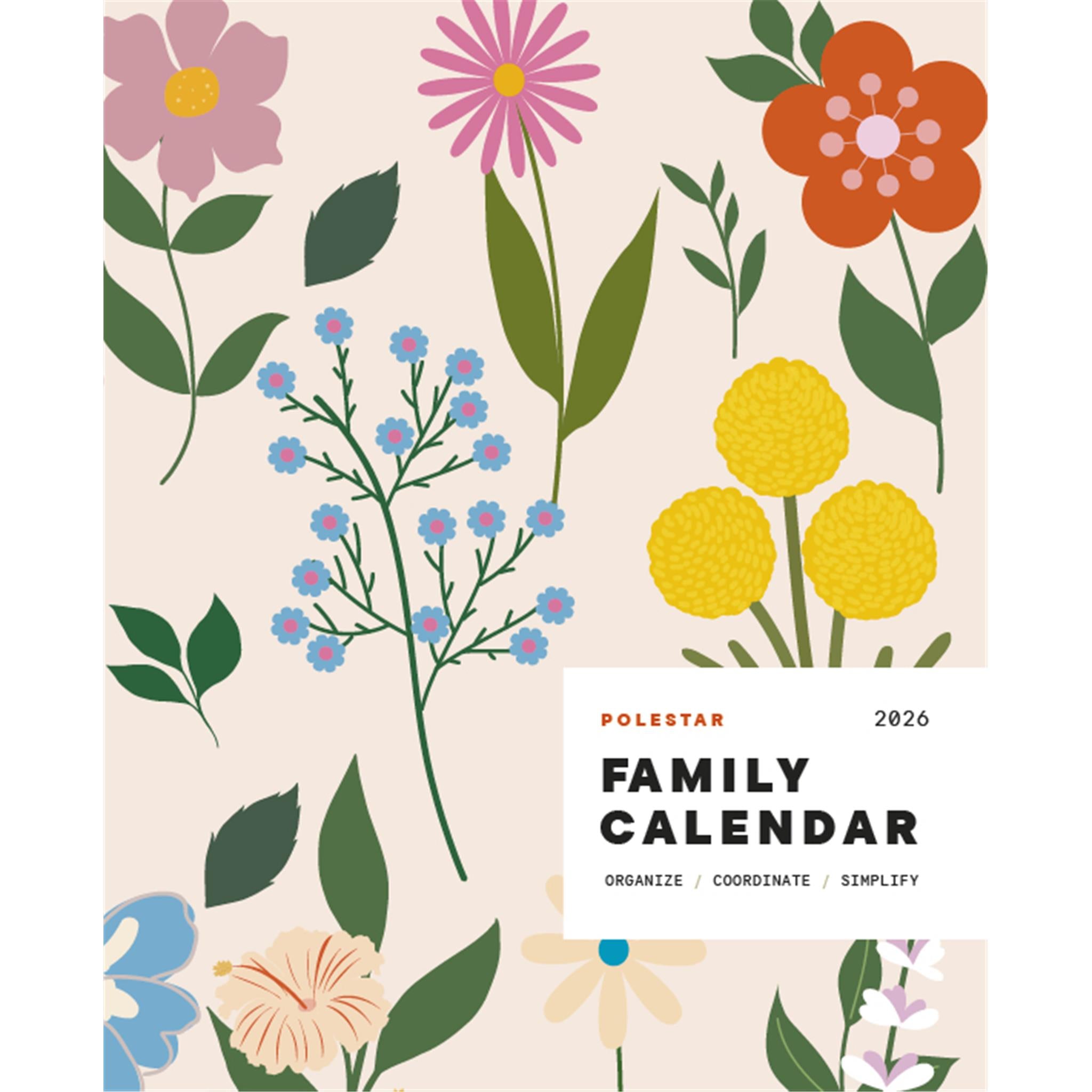 Cover of the Polestar Family 2026 Engagement Calendar featuring a weekly planning guide with a floral design.
