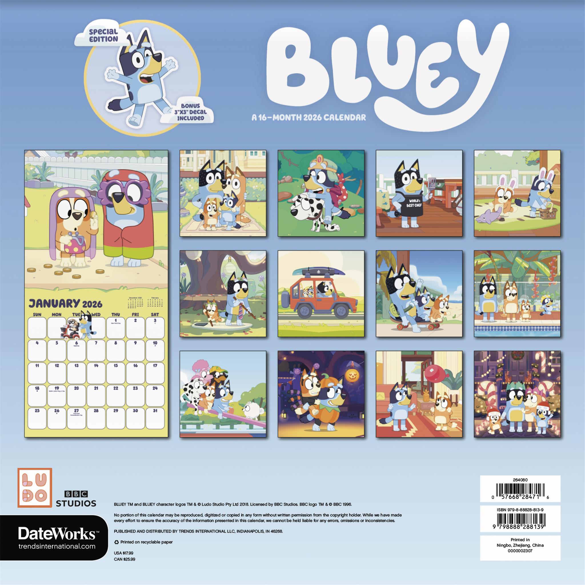 Bluey Exclusive with Decal 2026 Deluxe Wall Calendar