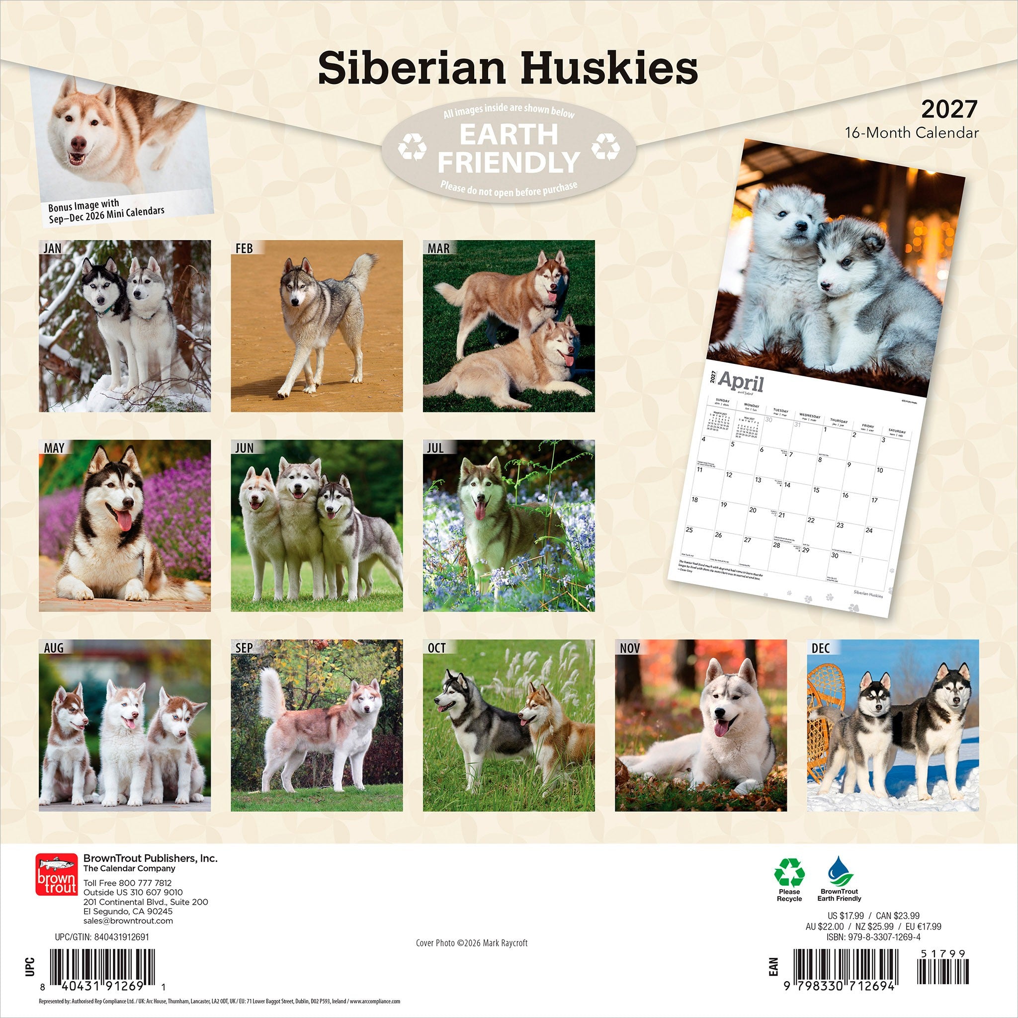 Siberian Huskies 2027 Wall Calendar