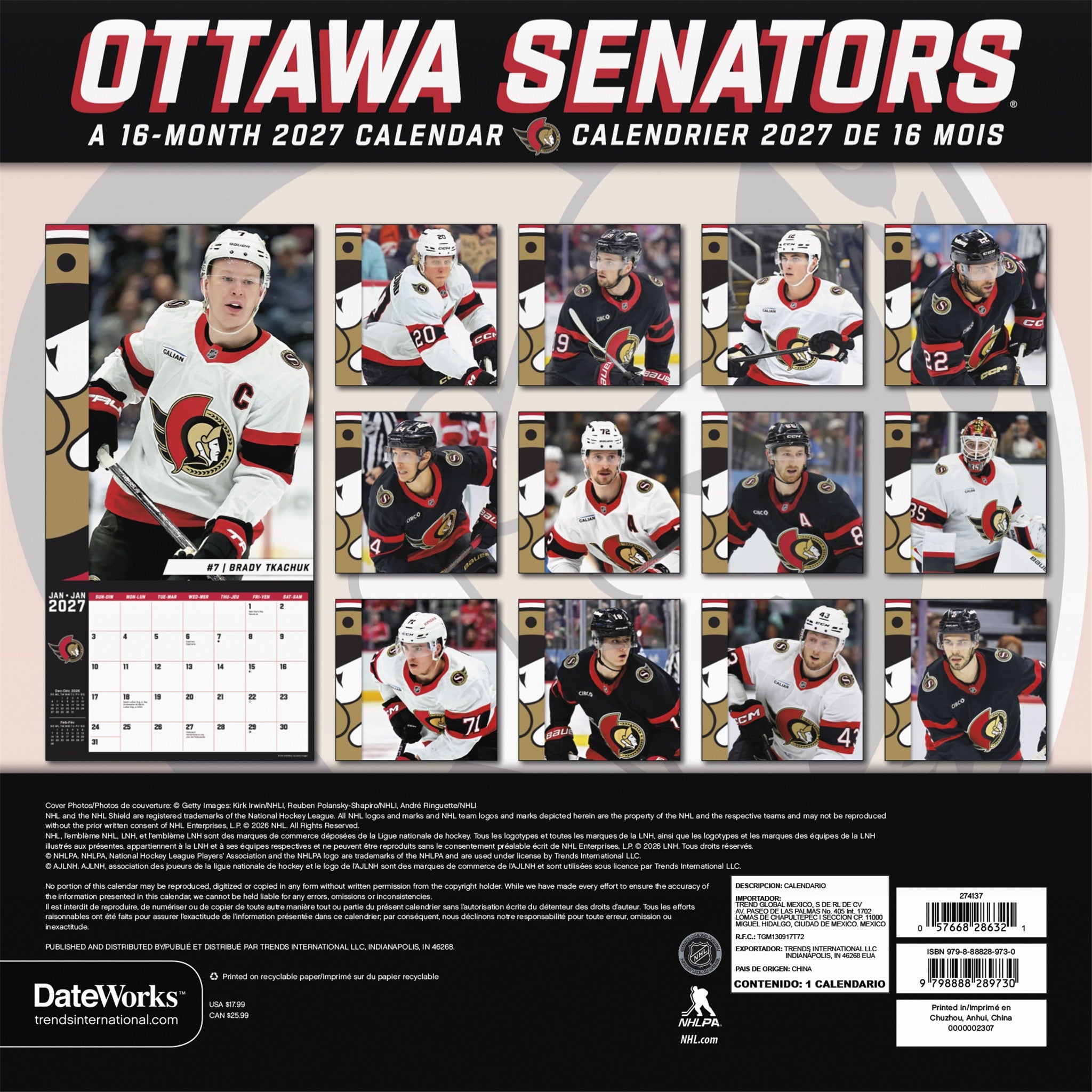 NHL Ottawa Senators 2027 Wall Calendar