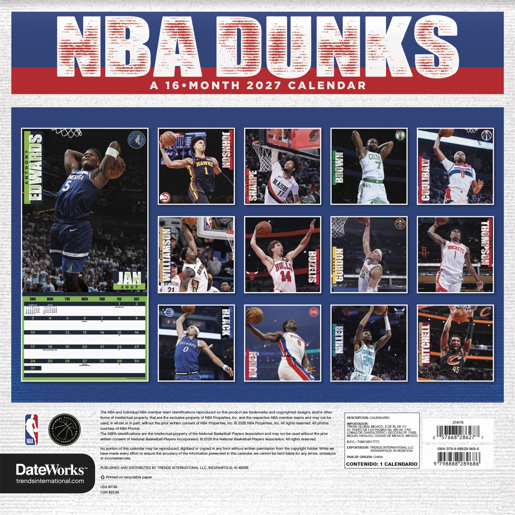 NBA Dunks 2027 Wall Calendar