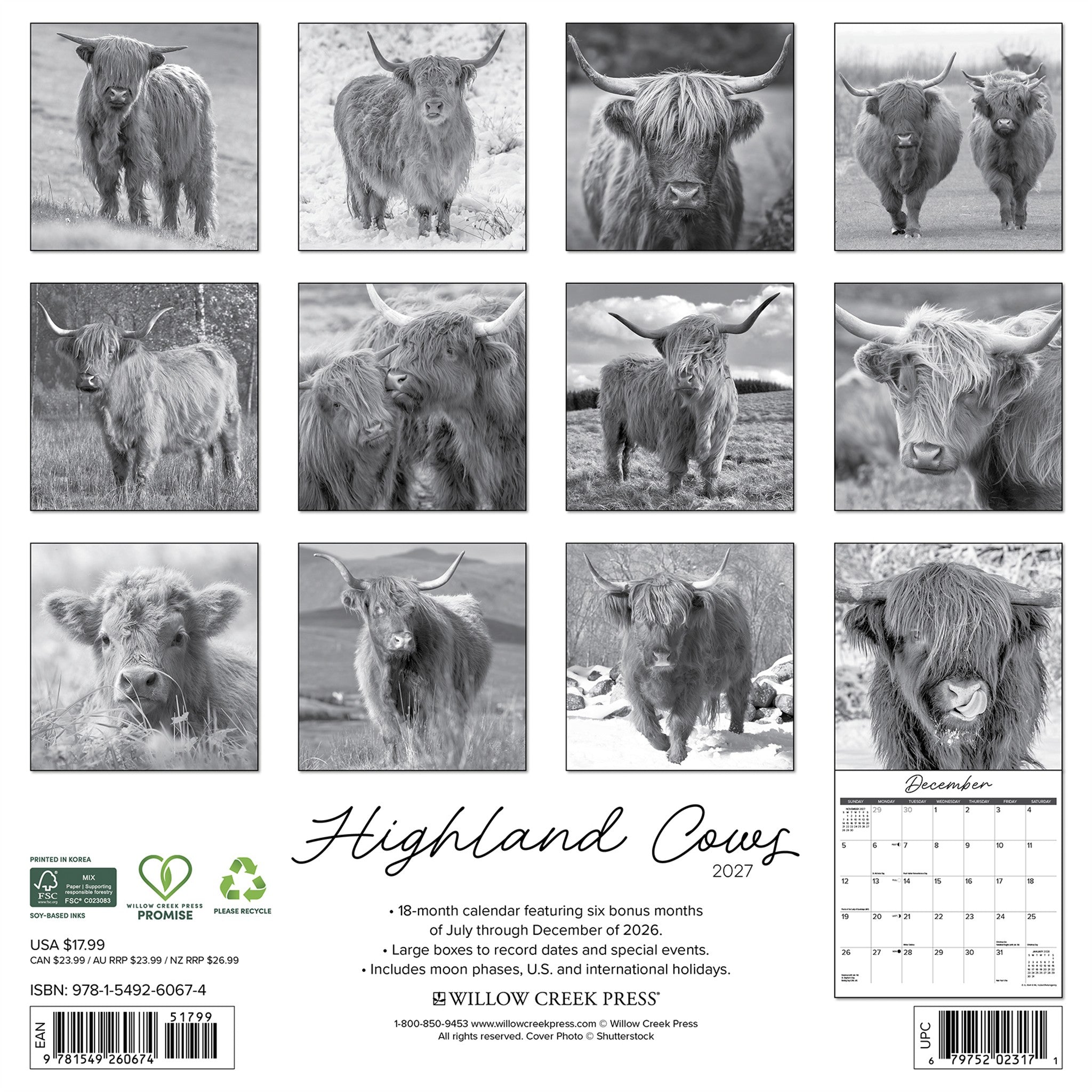 Highland Cows (Black &White) 2027 Wall Calendar