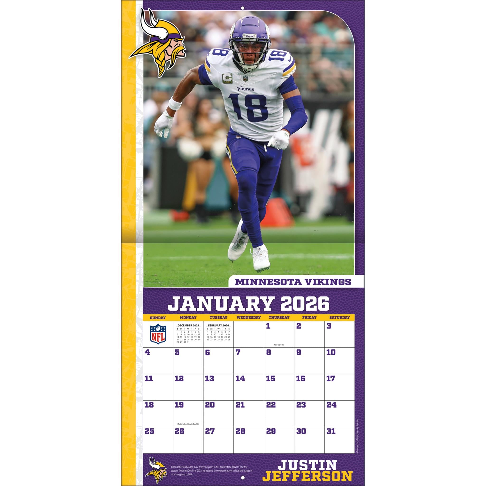 NFL  Justin Jefferson Minnesota Vikings 2026 Wall Calendar