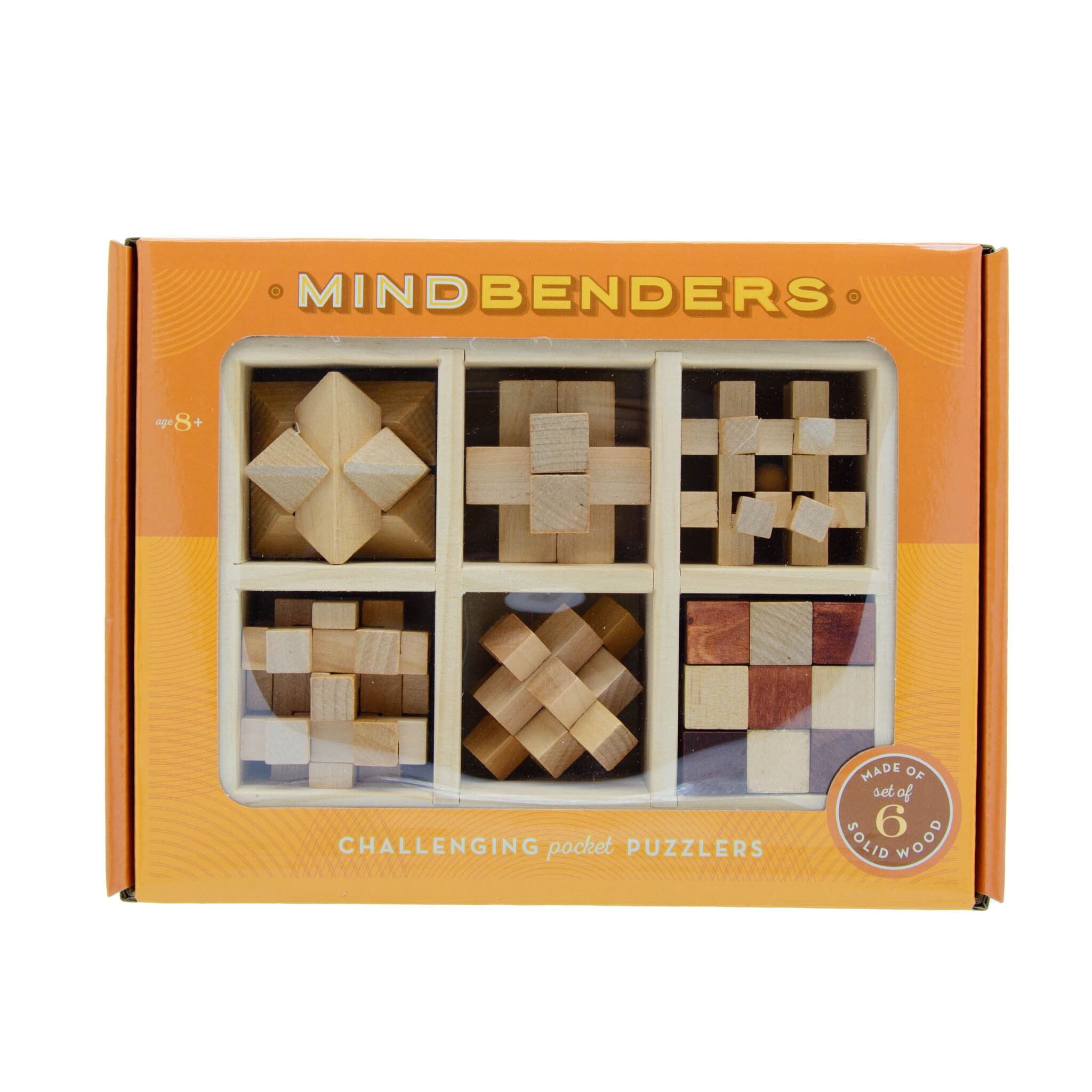 A set of six wooden mindbender puzzles packaged in a box with a transparent window displaying the puzzles inside.