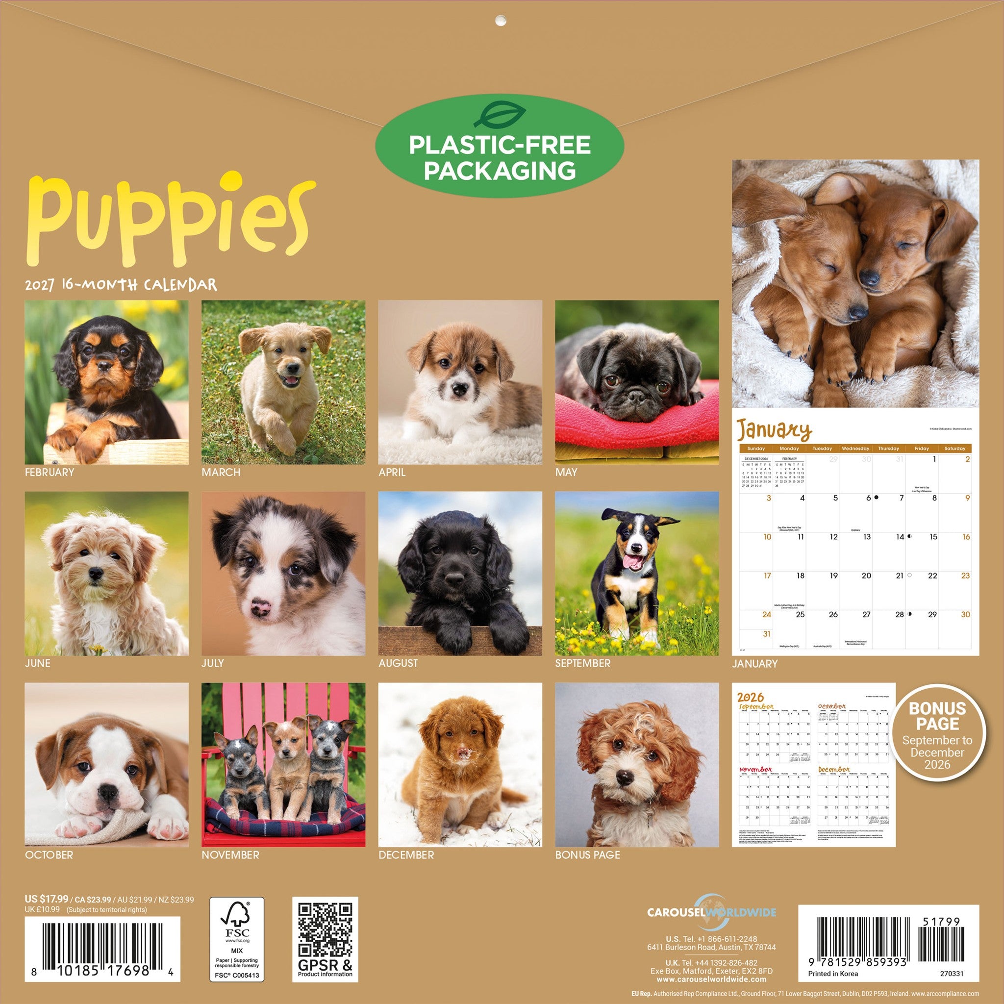 Puppies 2027 Wall Calendar