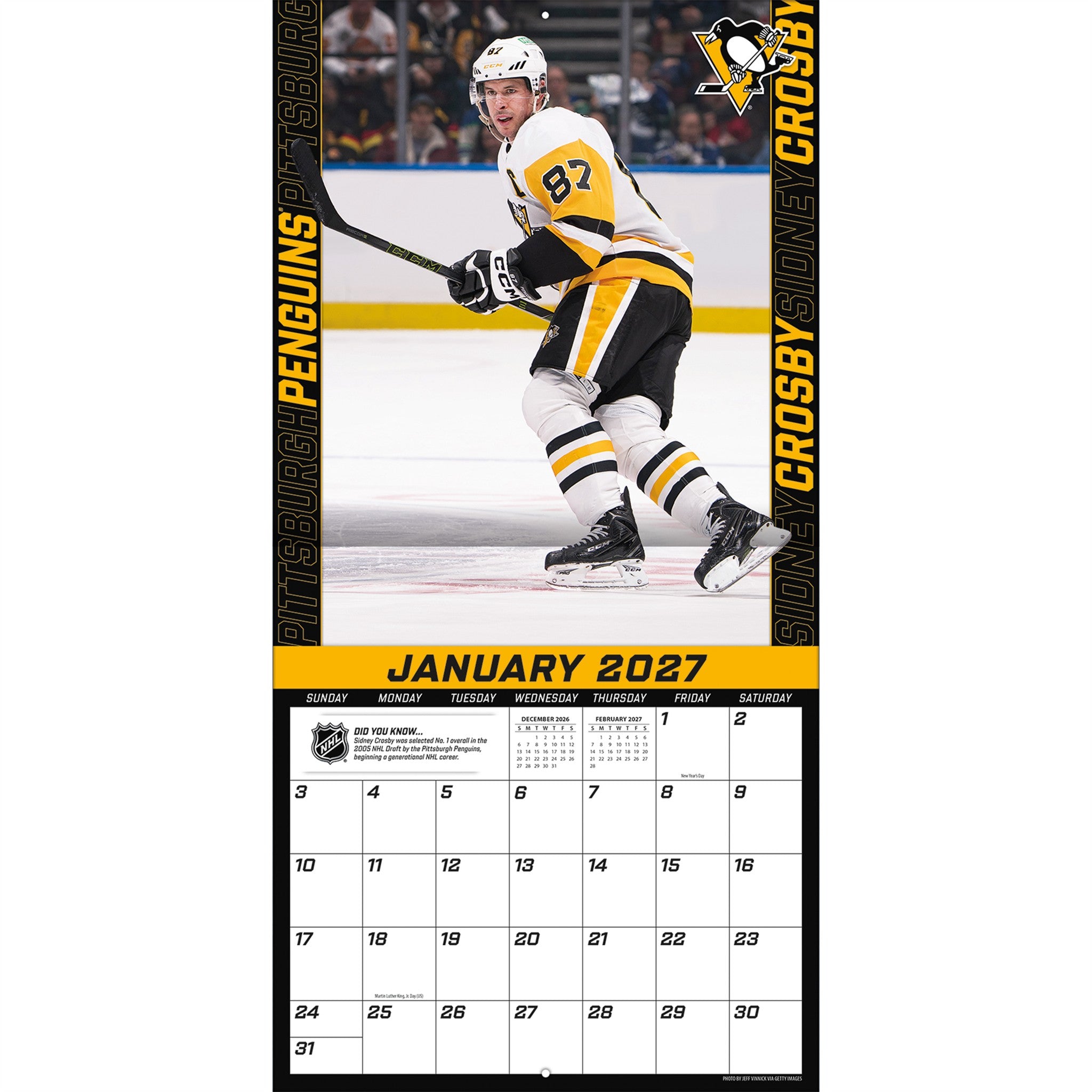 NHL Sidney Crosby Pittsburgh Penguins 2027 Wall Calendar