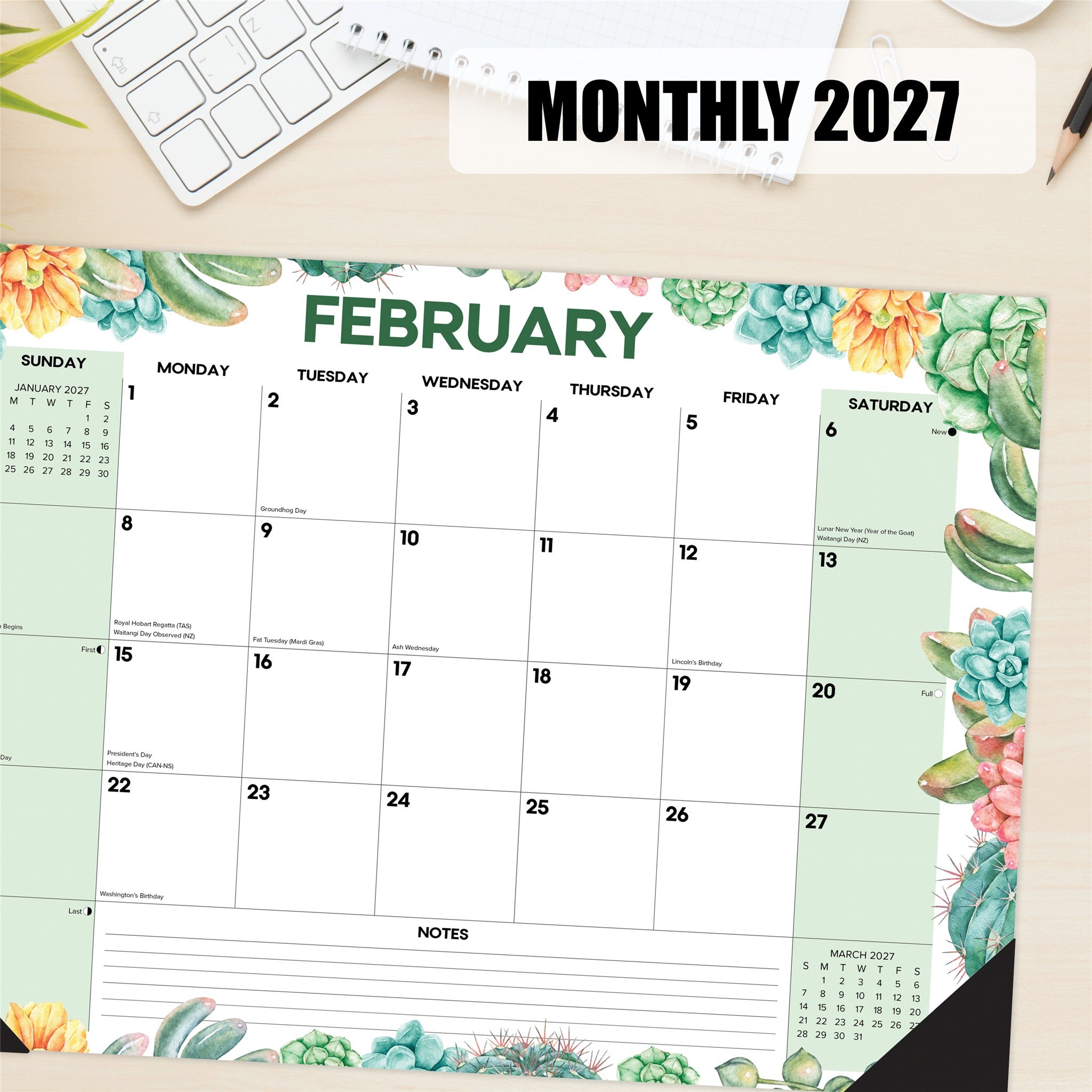 Succulents 2027 Small Desk Pad Calendar