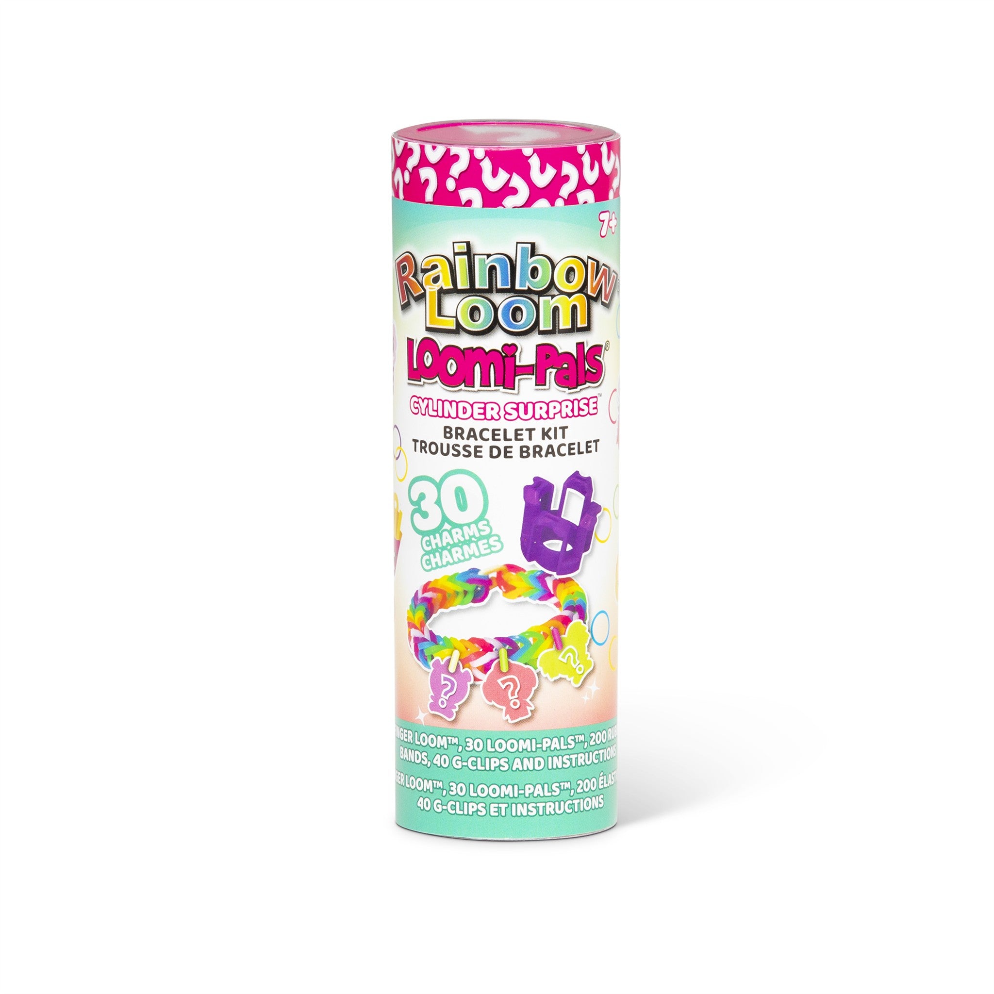 Rainbow Loom Loomi-Pals Bracelet Surprise kit in a tall cylindrical cardboard tube with a pink and mint green label, shown on a white background.