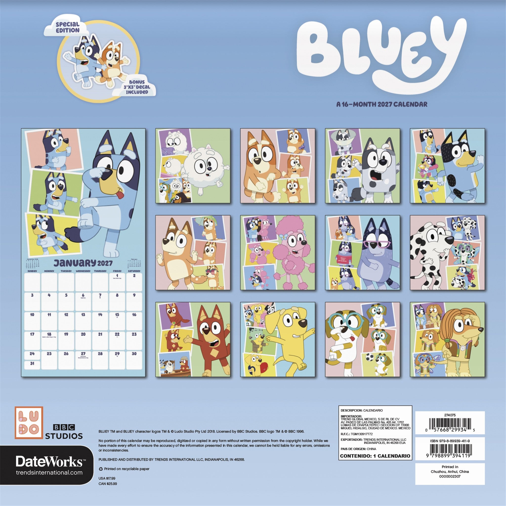 Bluey Exclusive with Decal 2027 Wall Calendar