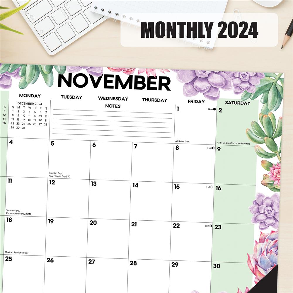 Succulents 2024 Small Desk Pad Calendar
