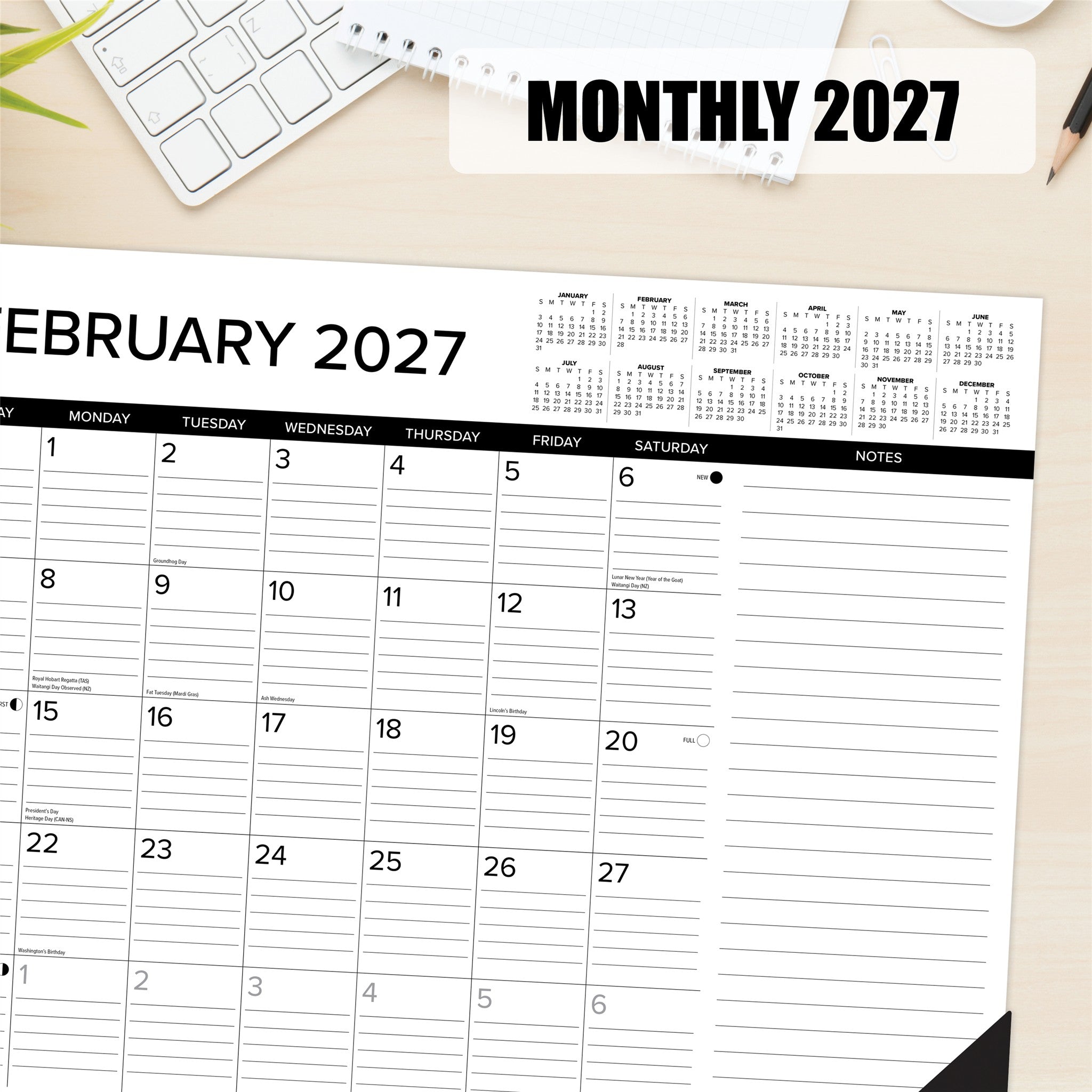 Black and White 2027 Desk Pad Calendar