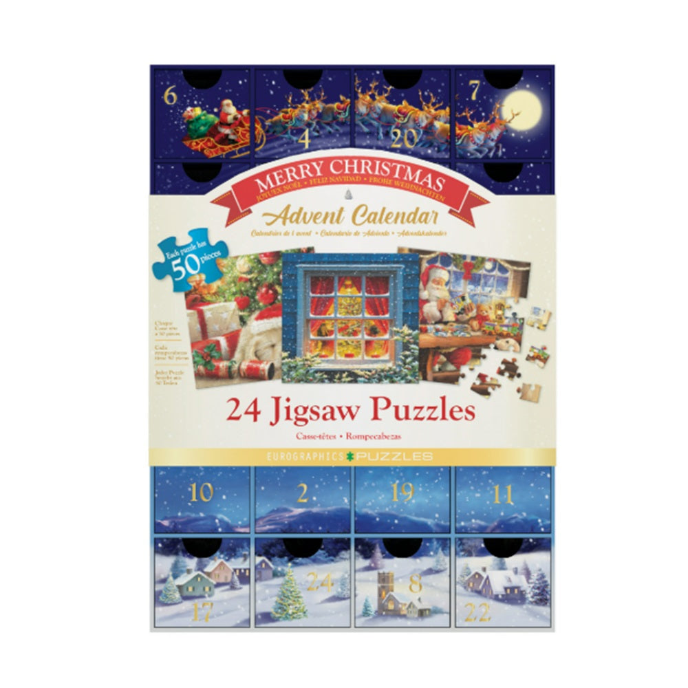 An advent calendar box featuring a festive design with a Santa Claus figure, titled 'Merry Christmas', containing 24 jigsaw puzzles.