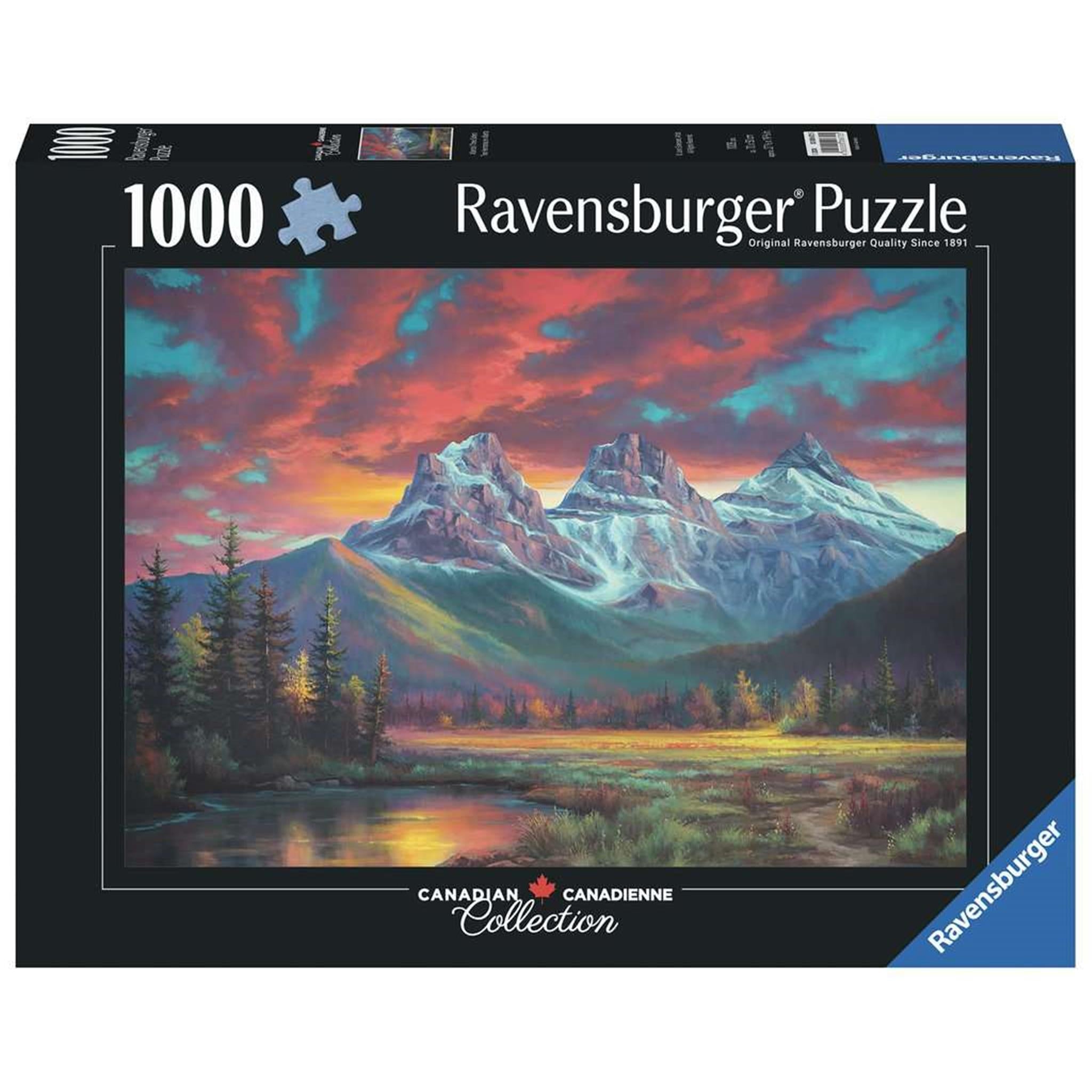 A 1000-piece Ravensburger puzzle box featuring a vibrant image of the Canadian Rockies with three prominent sisters mountains, surrounded by pine trees and a dramatic sky.