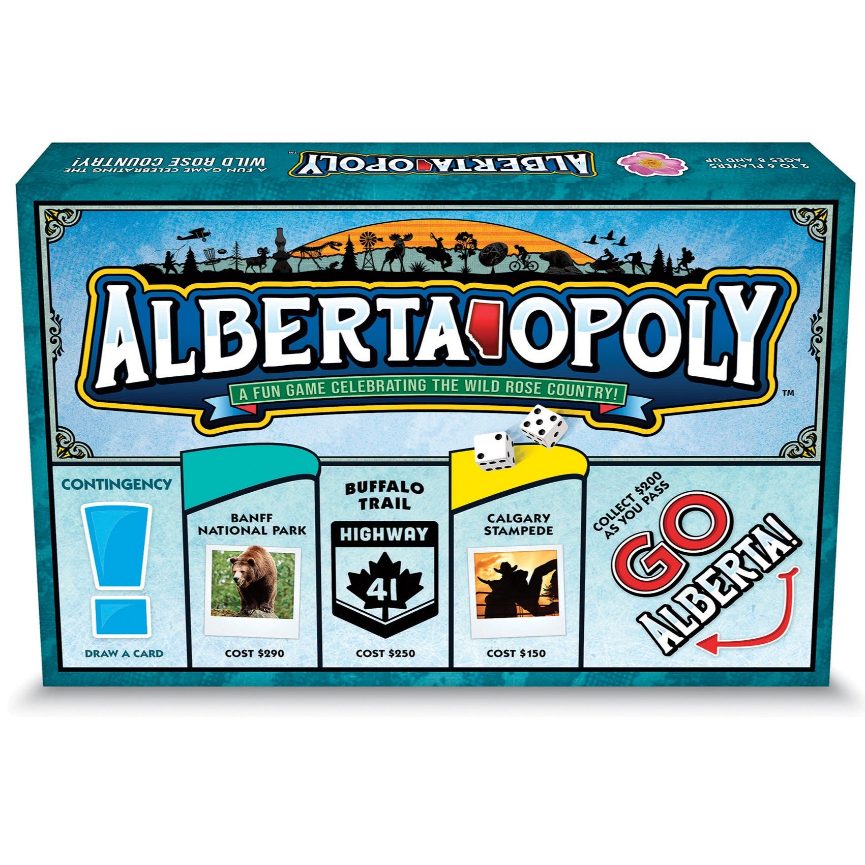 Board game box cover for 'Alberta Opoly', featuring iconic landmarks and locations associated with Alberta, Canada.