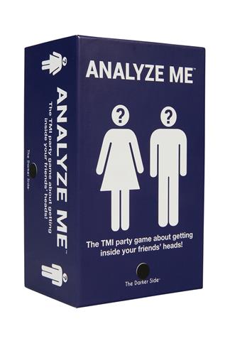The product image shows the packaging of a party game called 'Analyze Me'. The box is primarily blue with an illustration of two cartoon figures and question mark icons, indicating the game's theme of guessing and analyzing friend's thoughts in various scenarios.