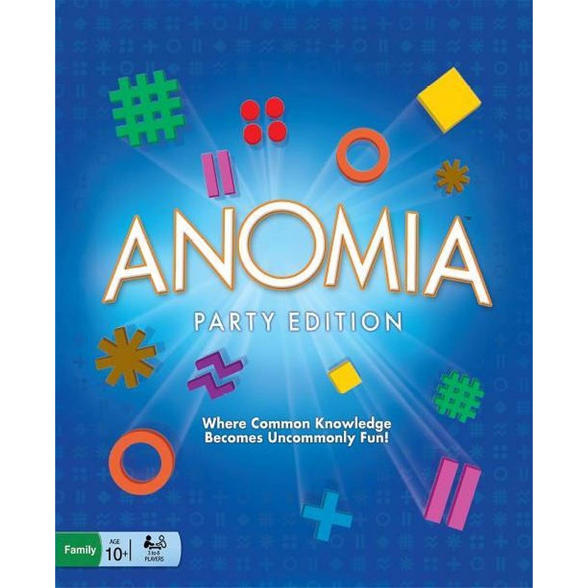 Cover of the Anomia Party Edition board game box, featuring the game's name and colorful symbols on a blue background.