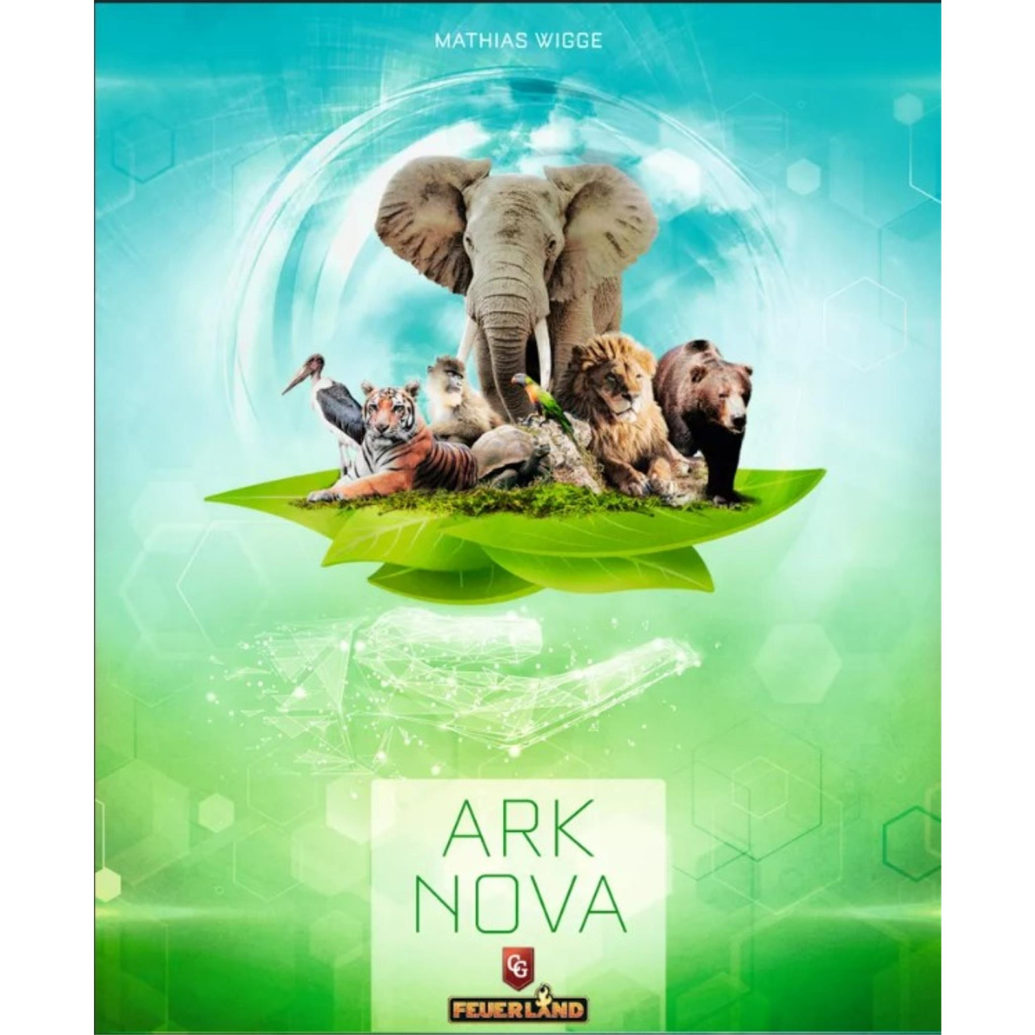 Cover art for the board game Ark Nova, featuring an elephant with a variety of other animals looking towards the viewer, set against a green and blue background with a title text overlay.