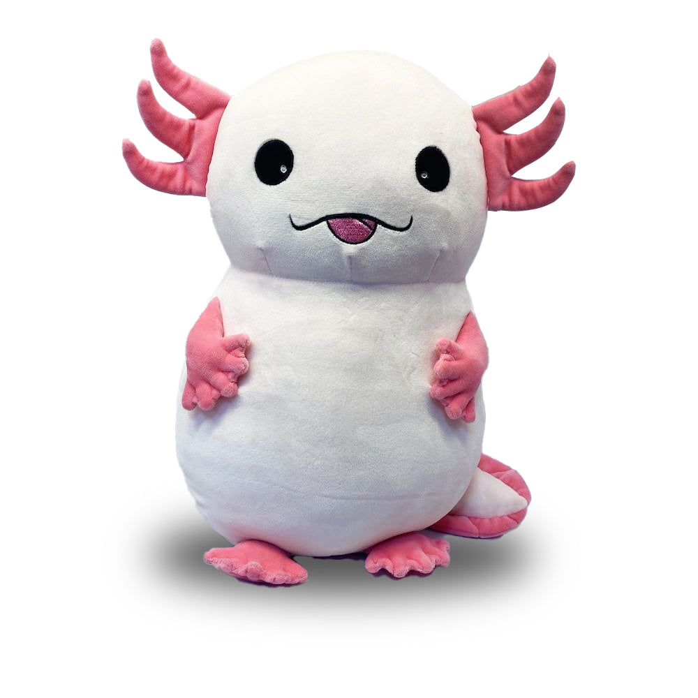 A plush toy resembling an axolotl with a white body, pink external gills, and pink legs.