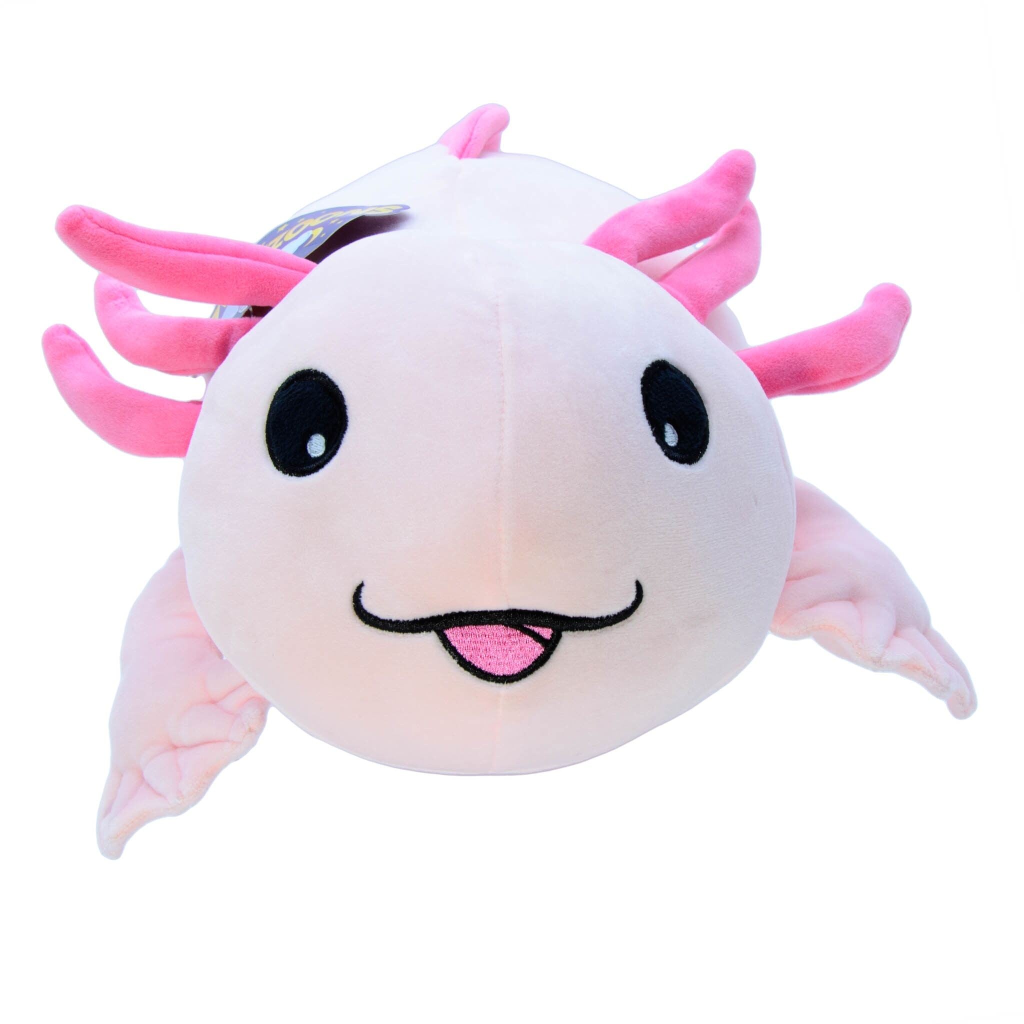 A plush toy resembling an axolotl with a smiling face, pink external gills, and a round body.