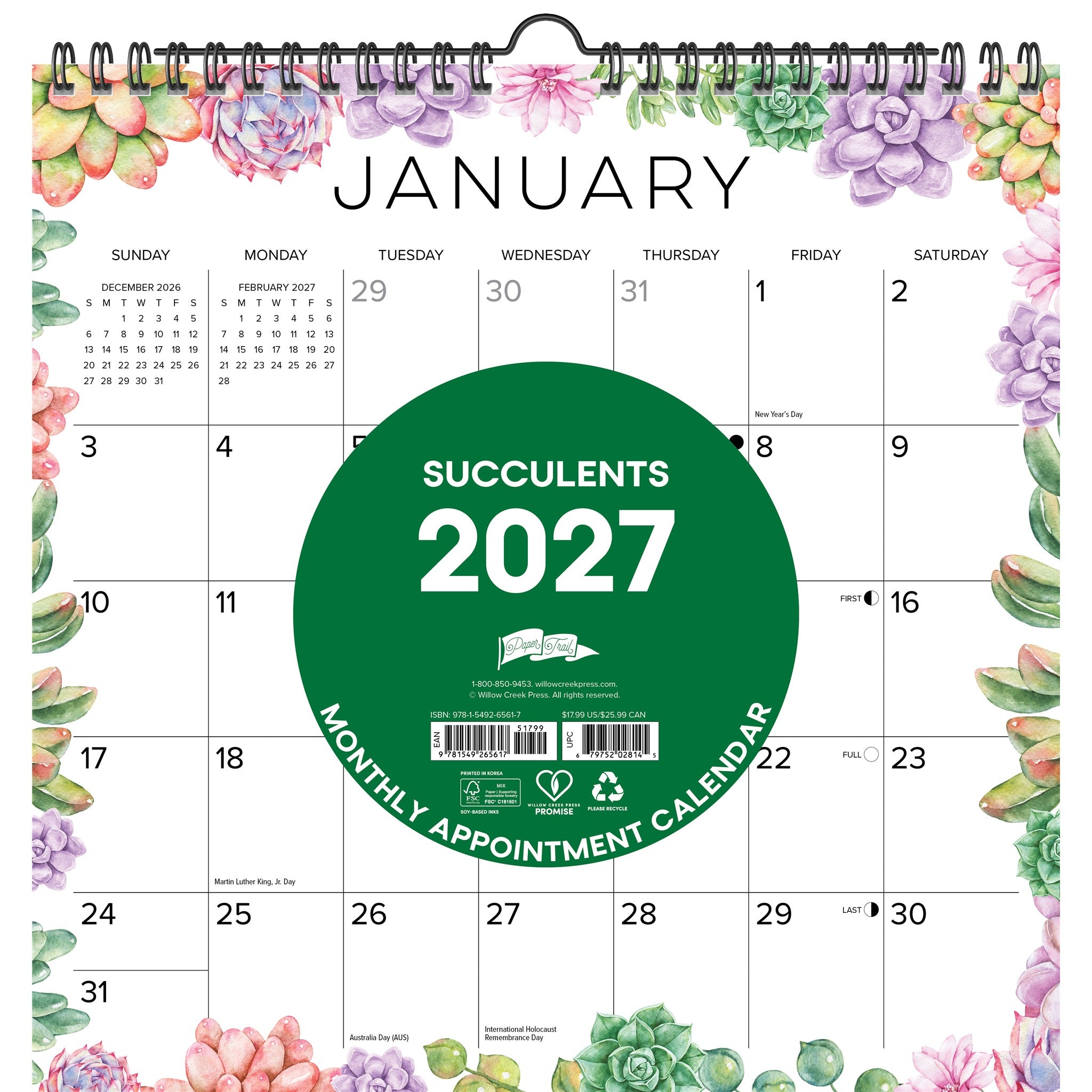 Succulents 2027 Spiral Wall Calendar