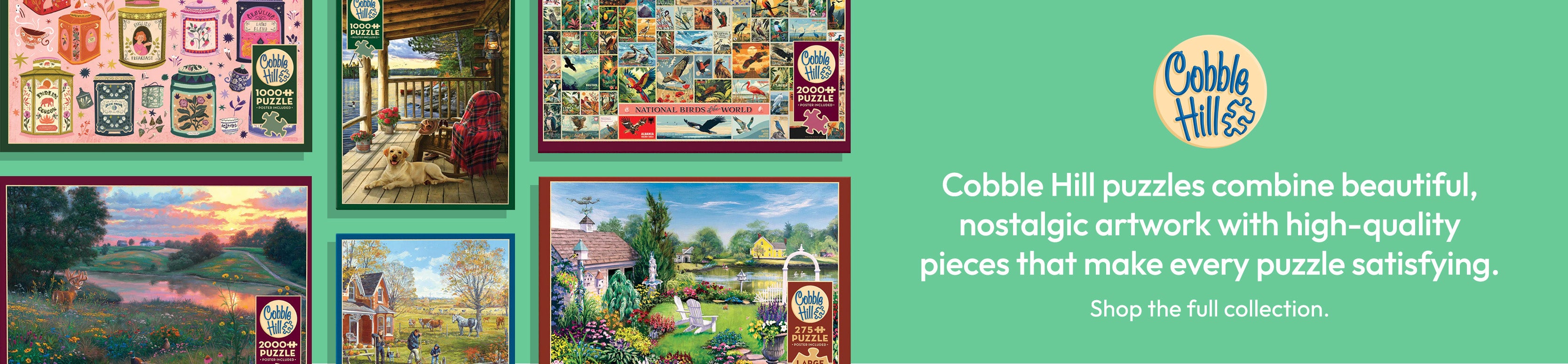 Cobble Hill puzzle collection with various scenic images on a green background