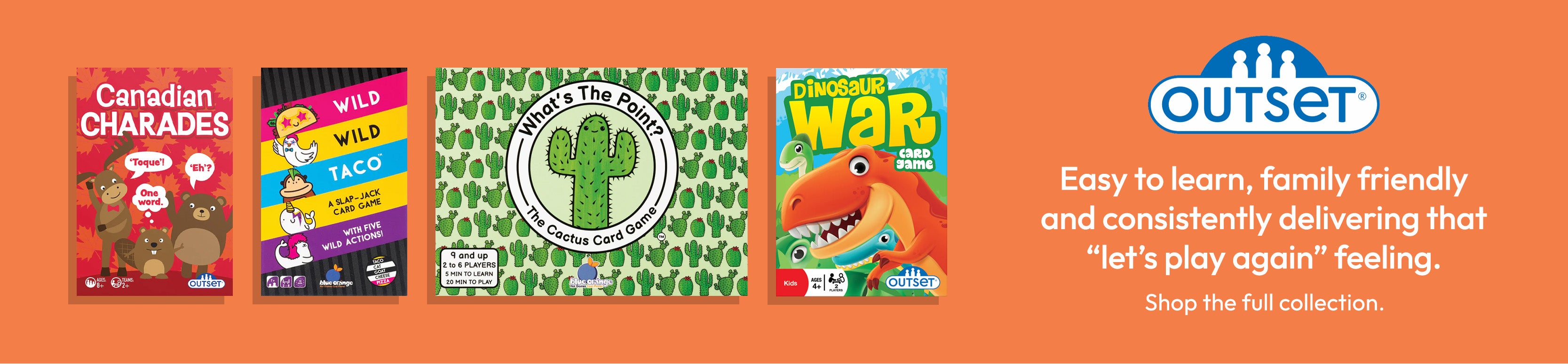 Four children's games on an orange background with Outset logo and text.