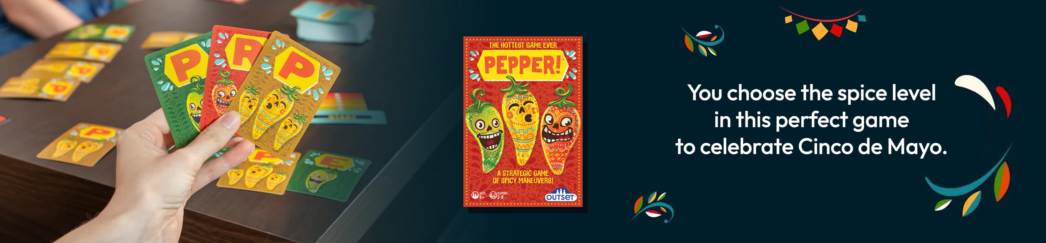 Spice-themed game packaging with colorful cards and text on a table.