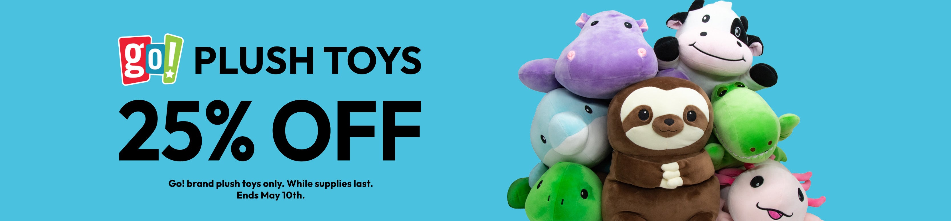 Stack of Go! branded plush toys with a promotional banner for 25% off on a blue background
