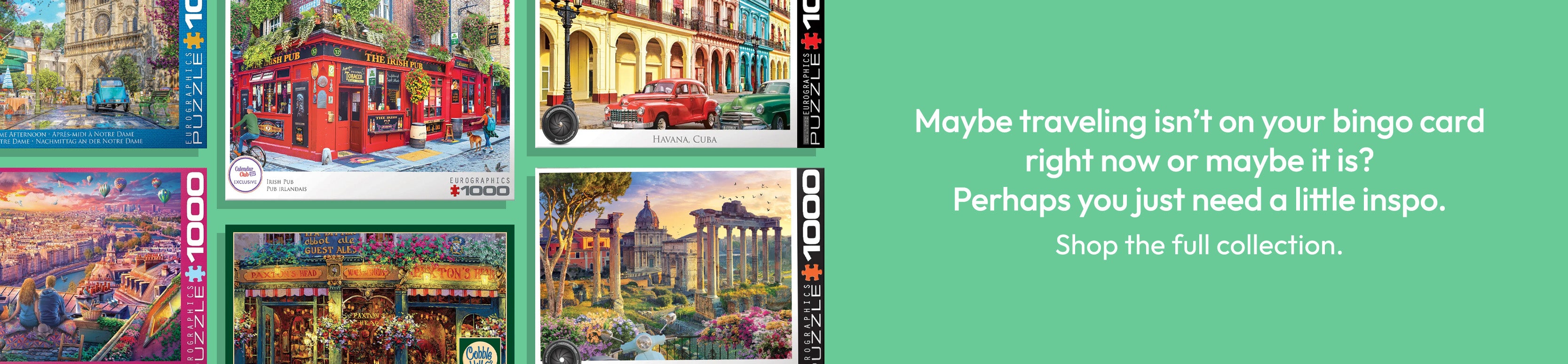 Collage of jigsaw puzzle boxes with scenic images and a promotional message on a green background.