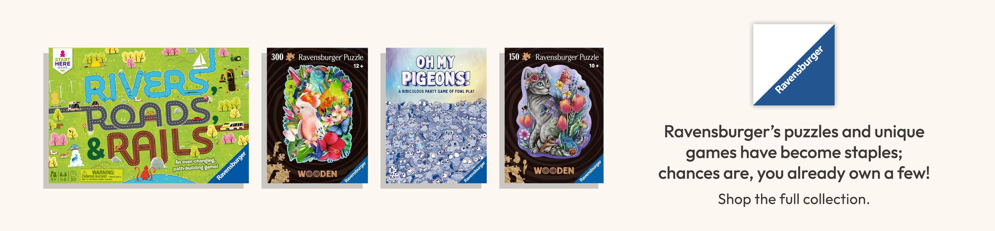 Ravensburger puzzle and game packaging with text on a white background
