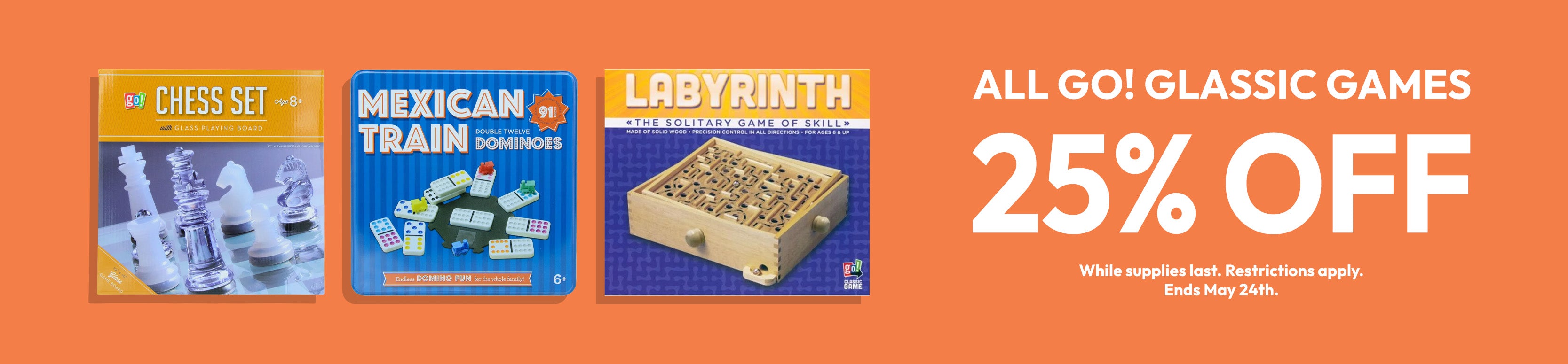 Promotional banner for classic games with chess set, Mexican Train, and Labyrinth on an orange background.