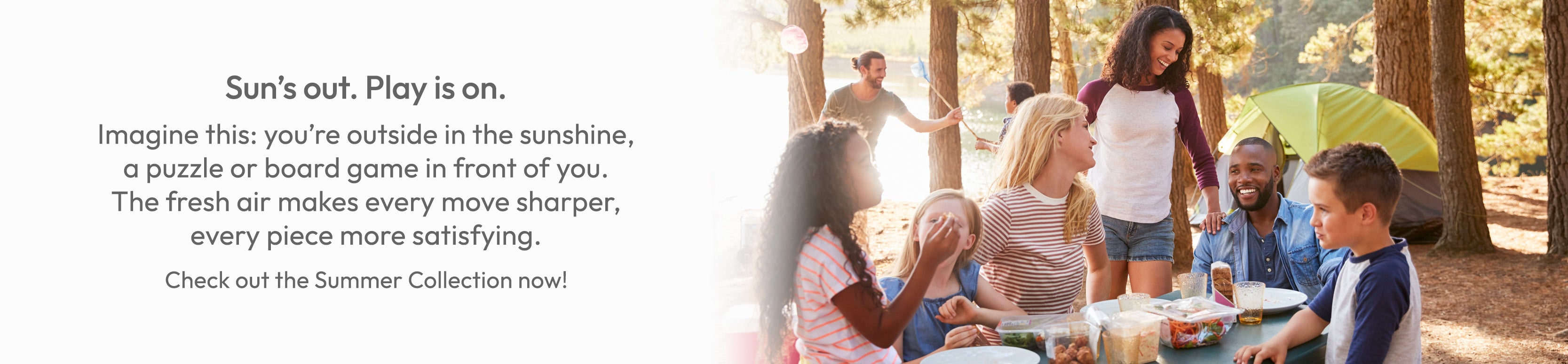 A groups of family and friends enjoying a picnic in a park with text about the Summer Collection of games, toys and puzzles.