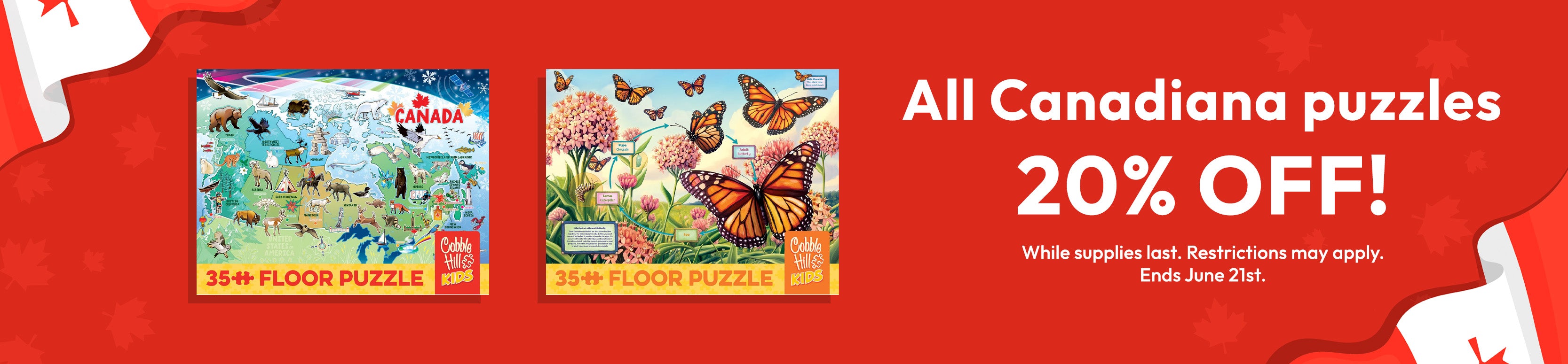 Promotional banner for All Canadiana puzzles with two puzzle images and a 20% off discount offer on a red background.