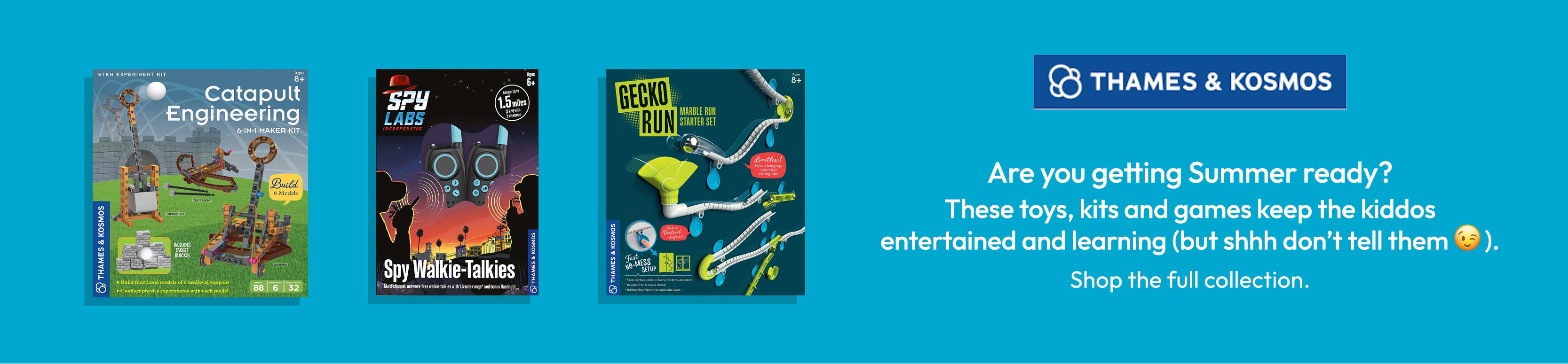 Three educational toys on a blue background with Thames & Kosmos branding.