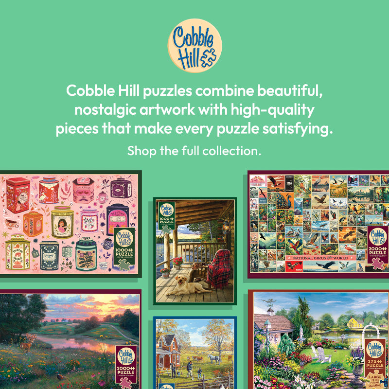 Promotional image of Cobble Hill puzzles with various artwork on a green background.