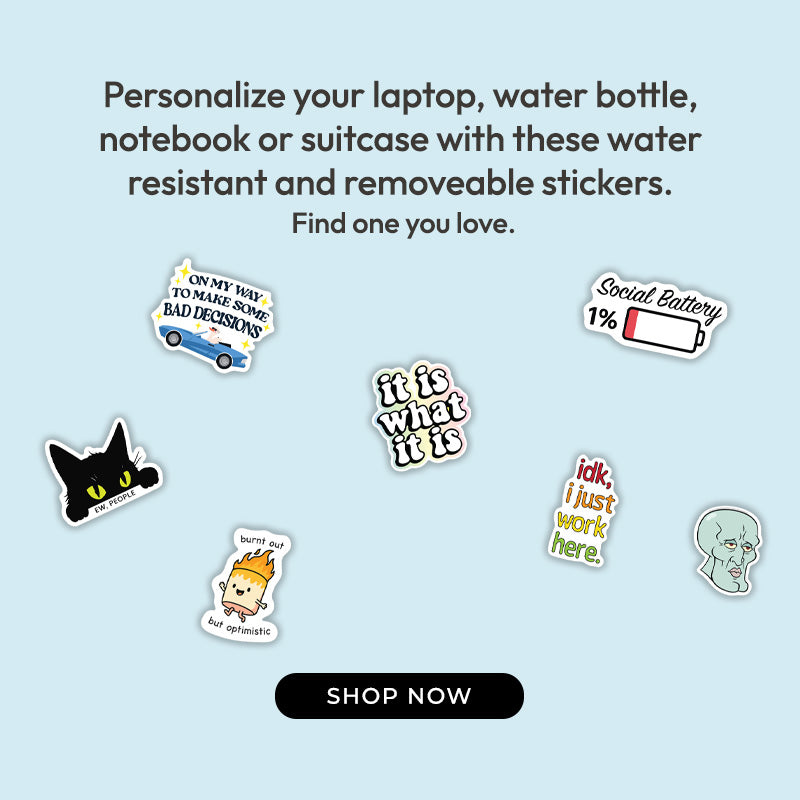 Set of colorful stickers on a light blue background with text promoting their use.
