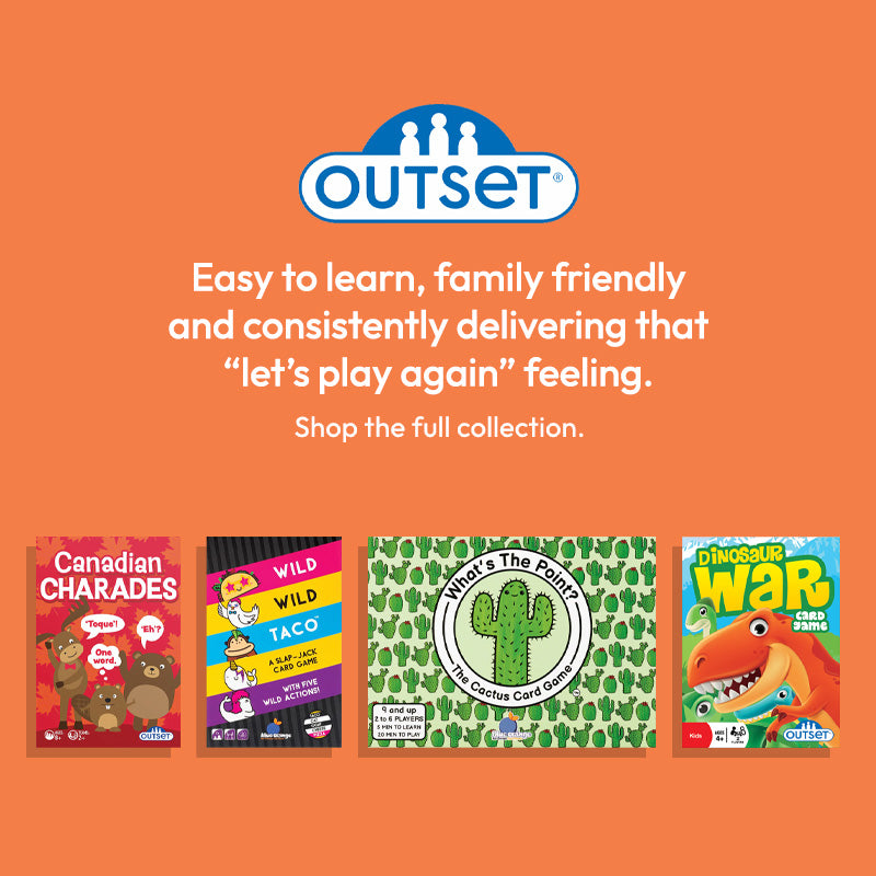 Outset brand advertisement with card games on an orange background