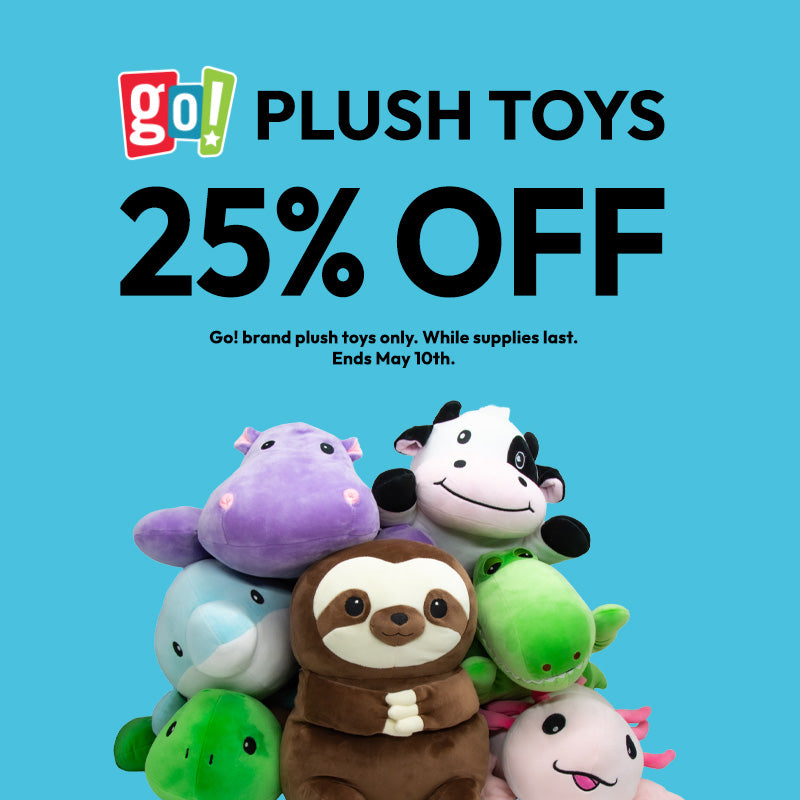 Promotional image for go! Plush Toys with a stack of plush toys on a blue background and 25% off text.