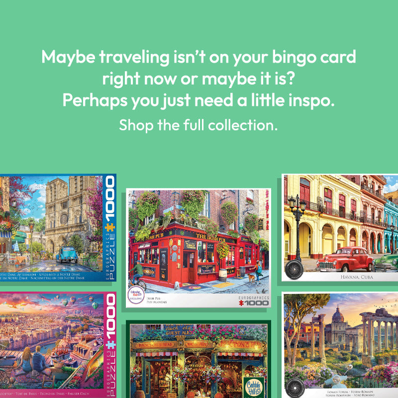 Promotional image for travel-themed puzzles with scenic images on a green background.