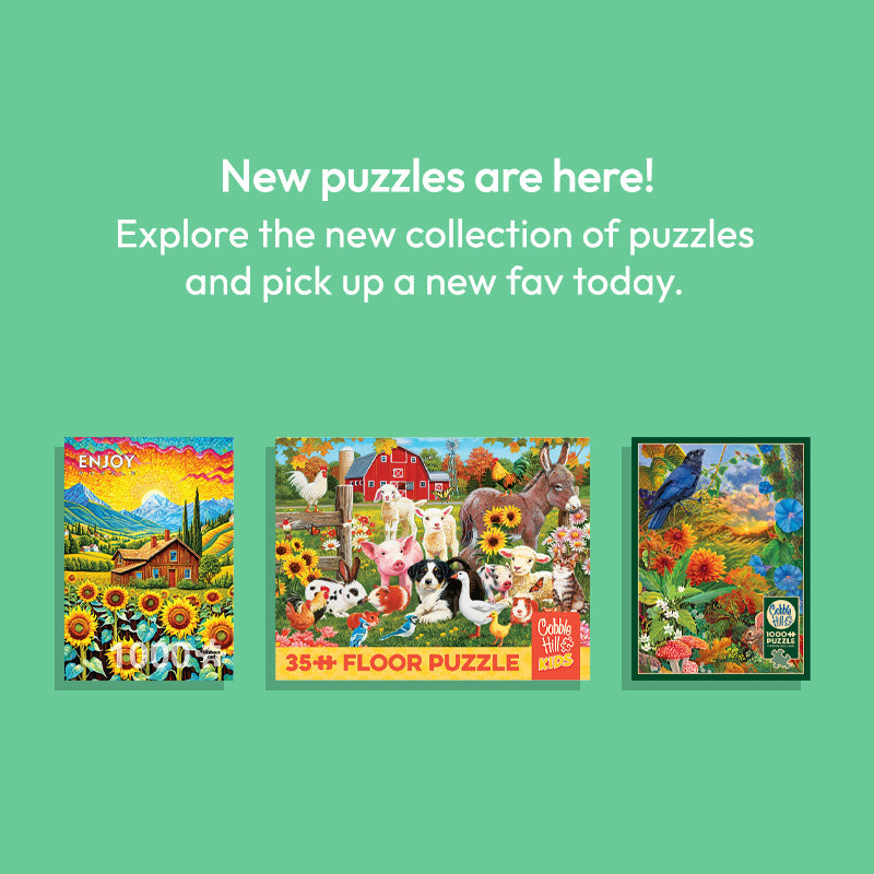 Three colorful puzzle boxes on a green background with text promoting new puzzle collections.