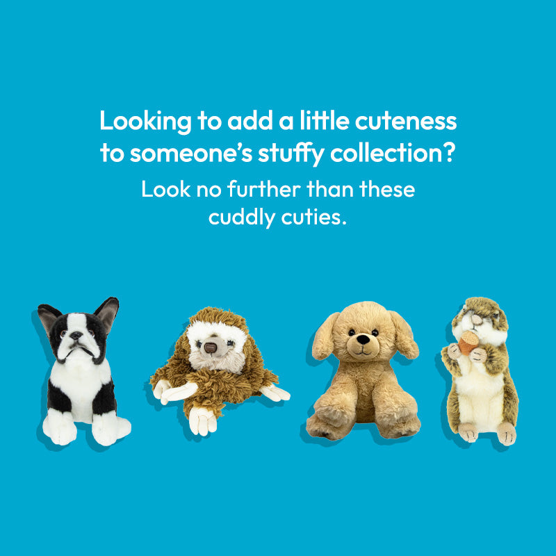Four stuffed animals on a blue background with promotional text.