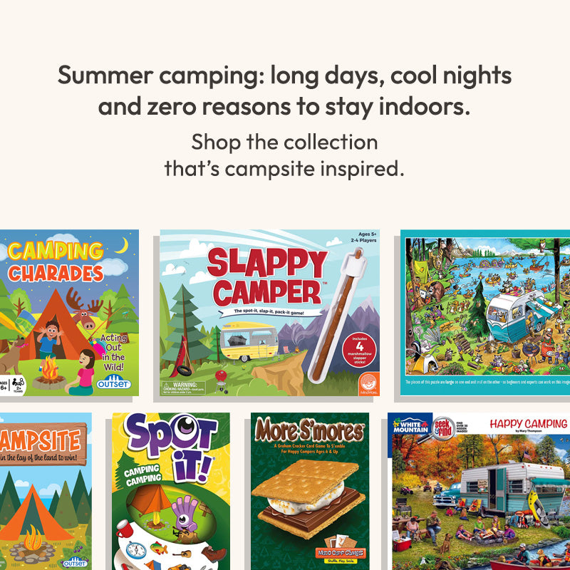 Collection of camping-themed books and puzzles with promotional text on a white background.