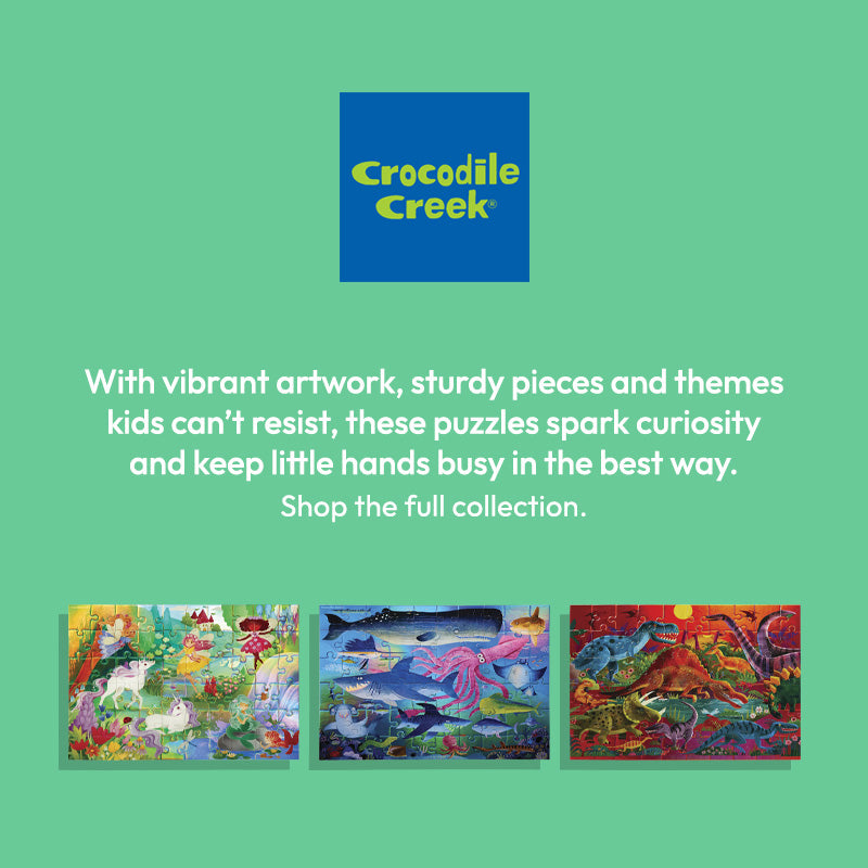 Three colorful children's puzzles with animal illustrations on a green background, featuring the Crocodile Creek brand.