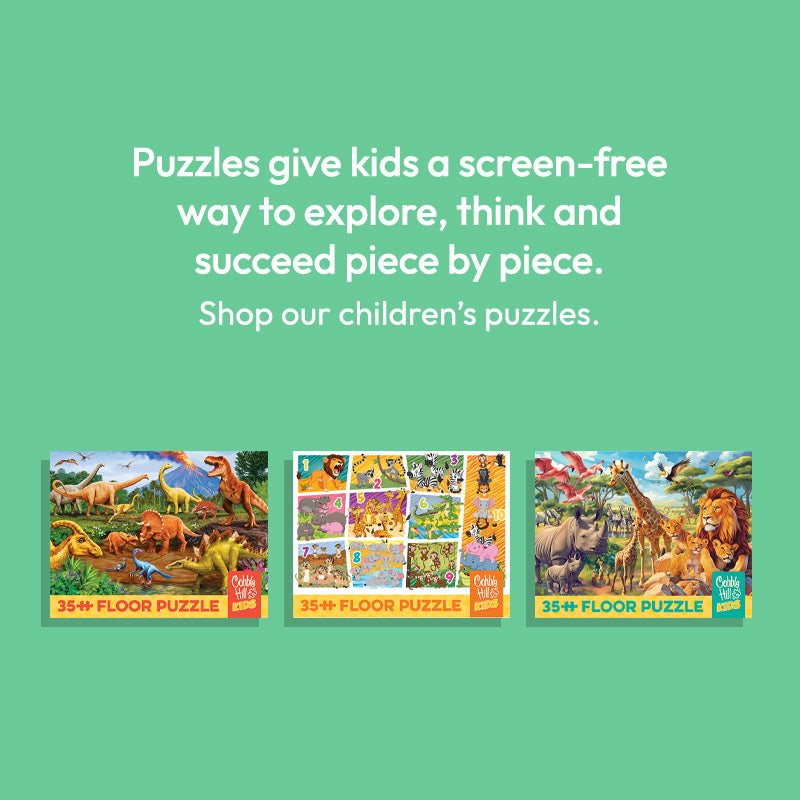 Children's puzzles with dinosaur and animal designs on a green background with text about screen-free exploration.