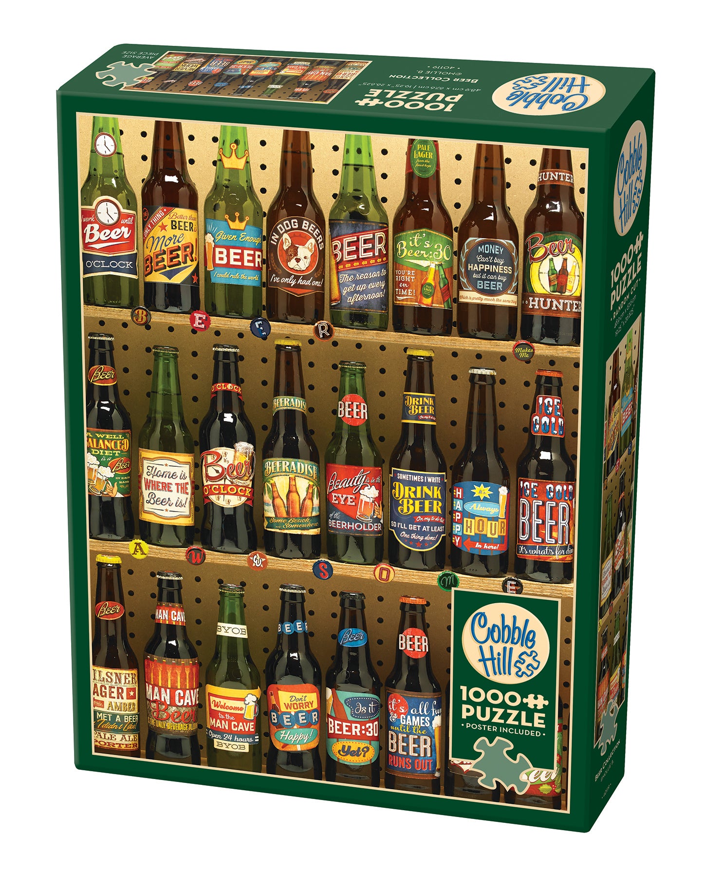 A 1000 piece jigsaw puzzle box featuring various stylized bottles of beer with whimsical logos, indicative of a festive or collectible theme.