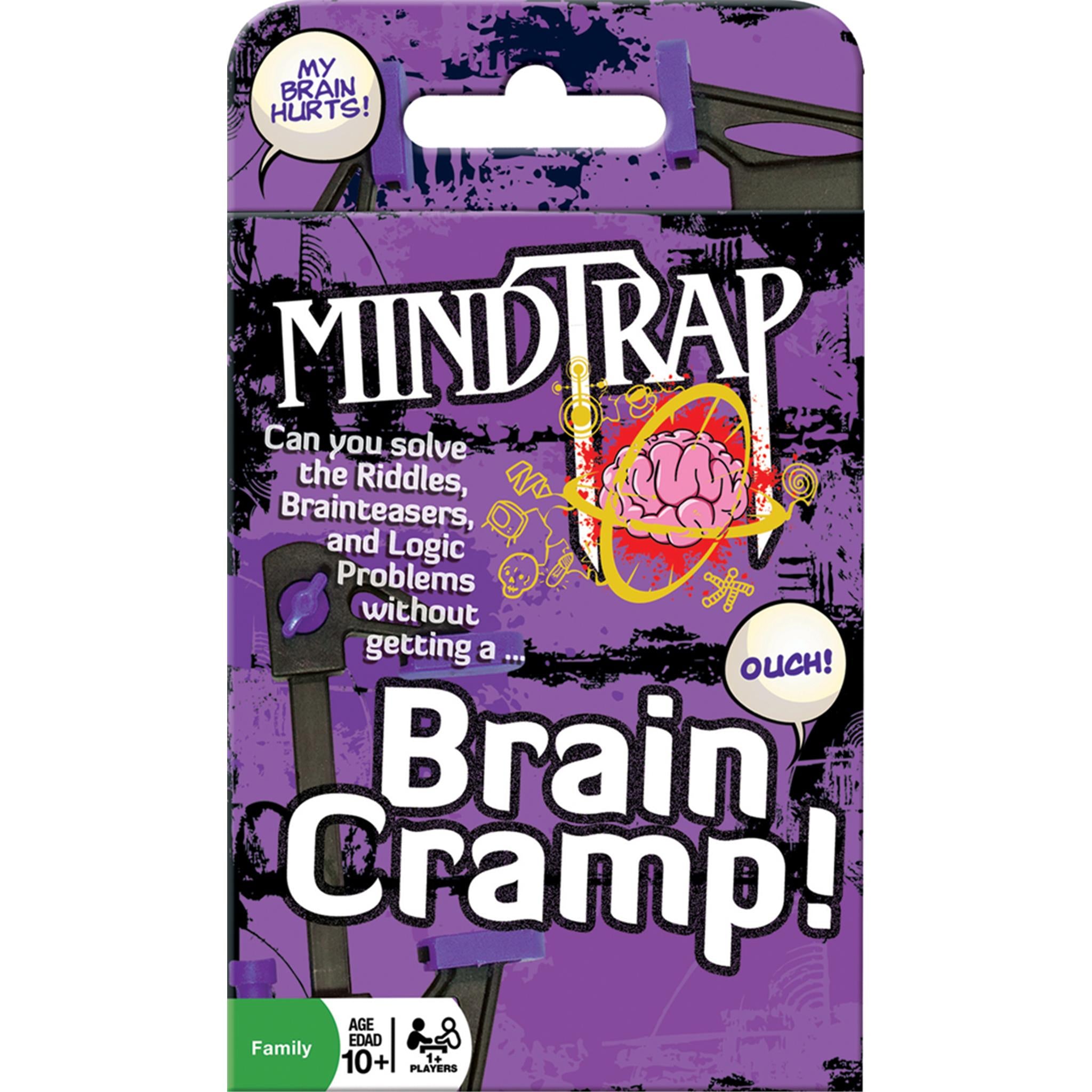Packaging for the 'Brain Cramp' card game featuring a cartoonish brain illustration and playful design elements, indicating it's a game about solving riddles and brain teasers.