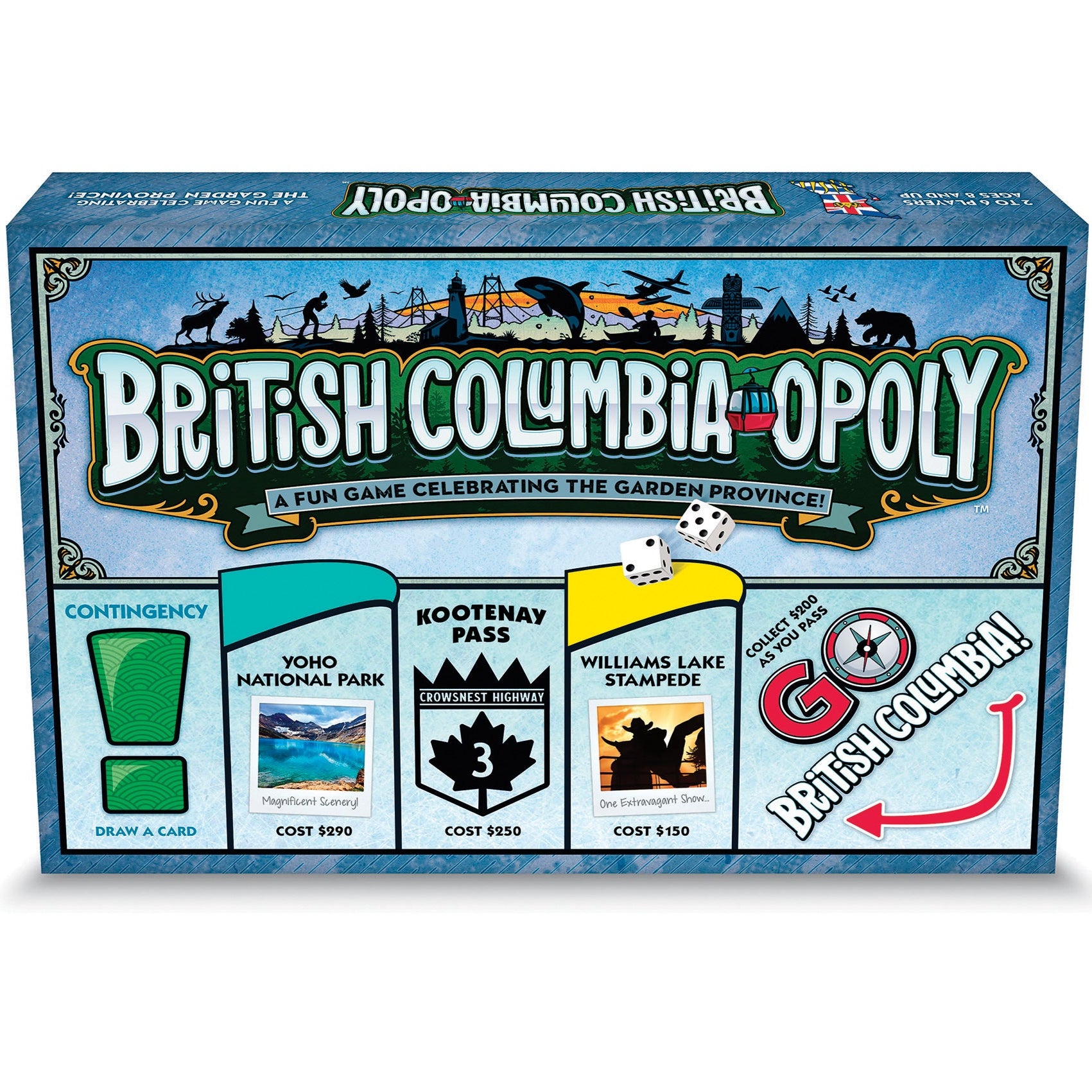 Board game box cover for 'British Columbia Opoly', featuring iconic landmarks and locations associated with British Columbia.