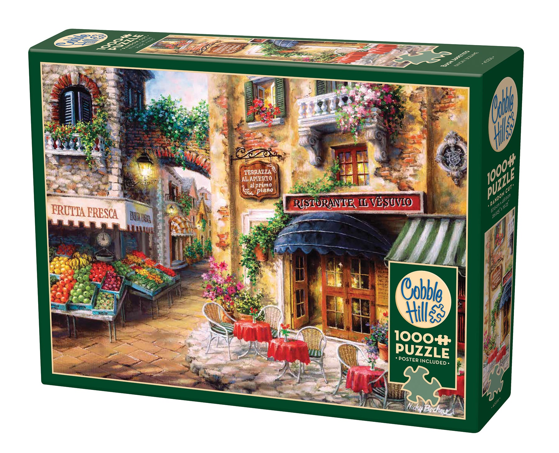A 1000 piece Cobble Hill puzzle box featuring an illustrated scene with a restaurant, cafes, and cobblestone street.