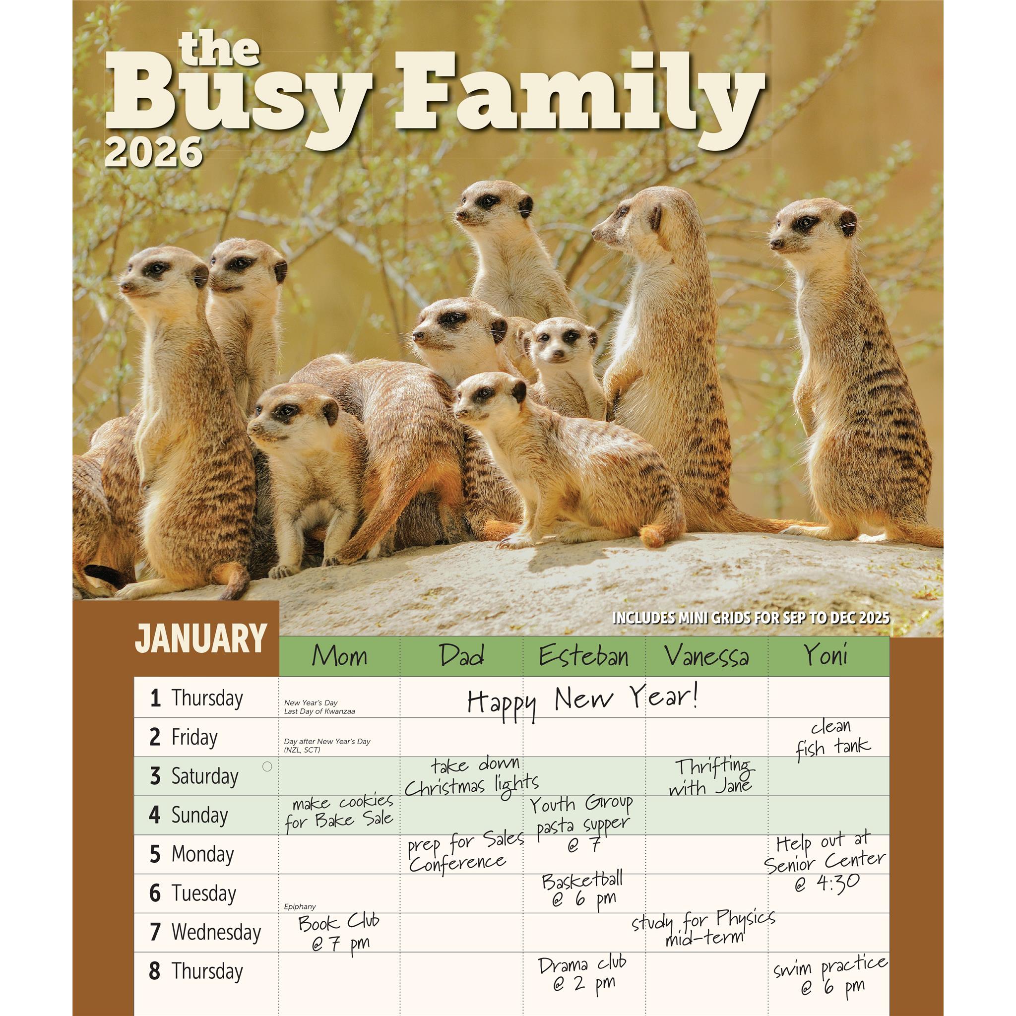 Cover image of the Busy Family Calendar with a picture of Lemurs standing together. Cover shows examples of monthly layout separated by family member. 