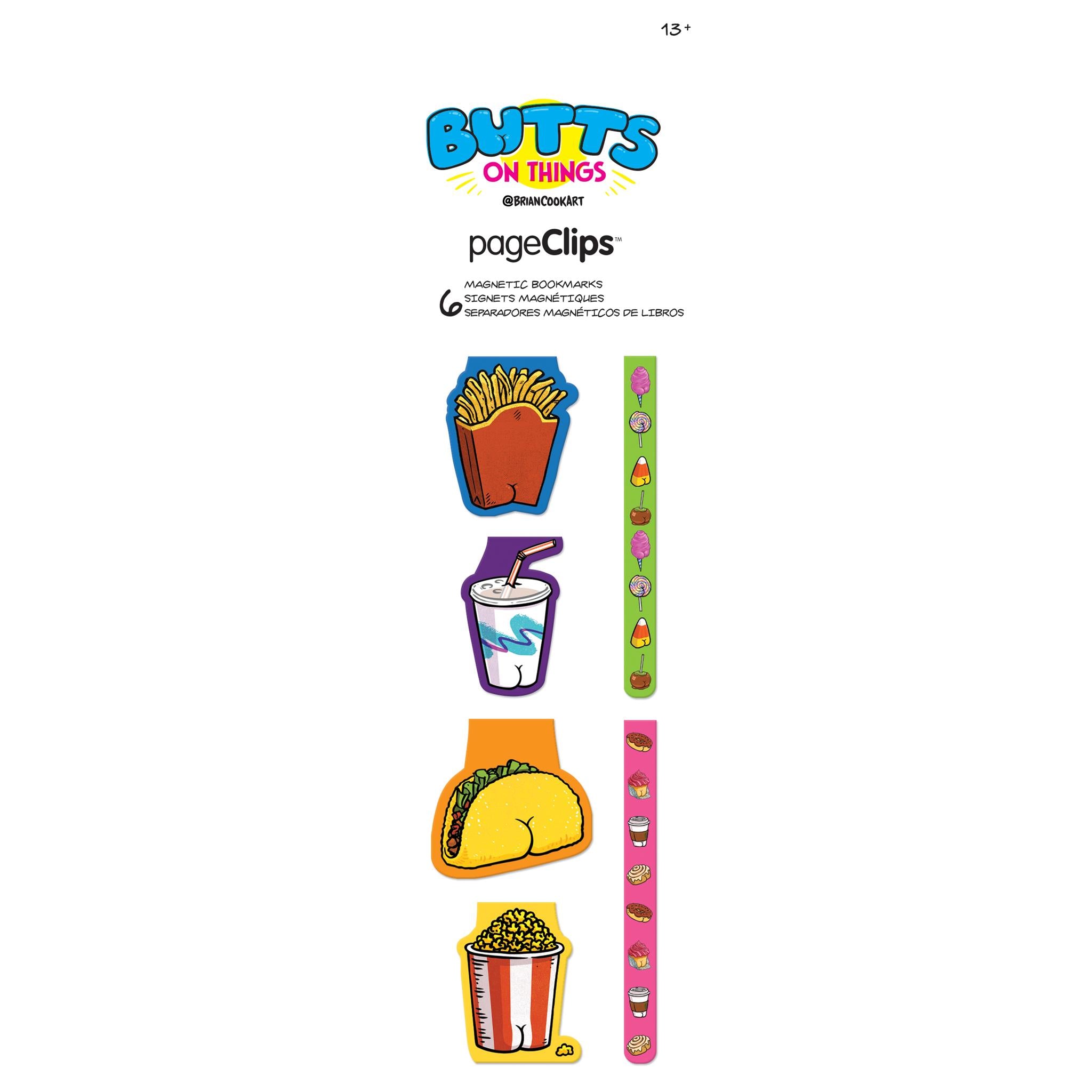 A package of magnetic page clips with colorful, playful designs including shapes of a hot dog, a cup, and a popcorn container.